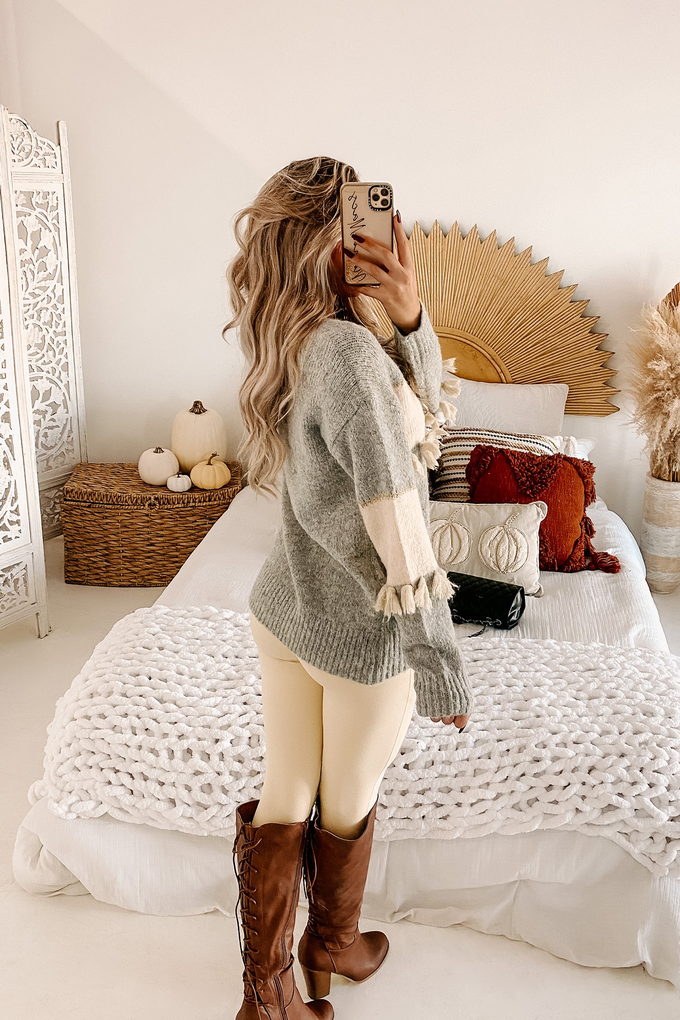 Seasonal Shift Tassel Trimmed Sweater (Heather Grey/Cream)-The Formal Wear