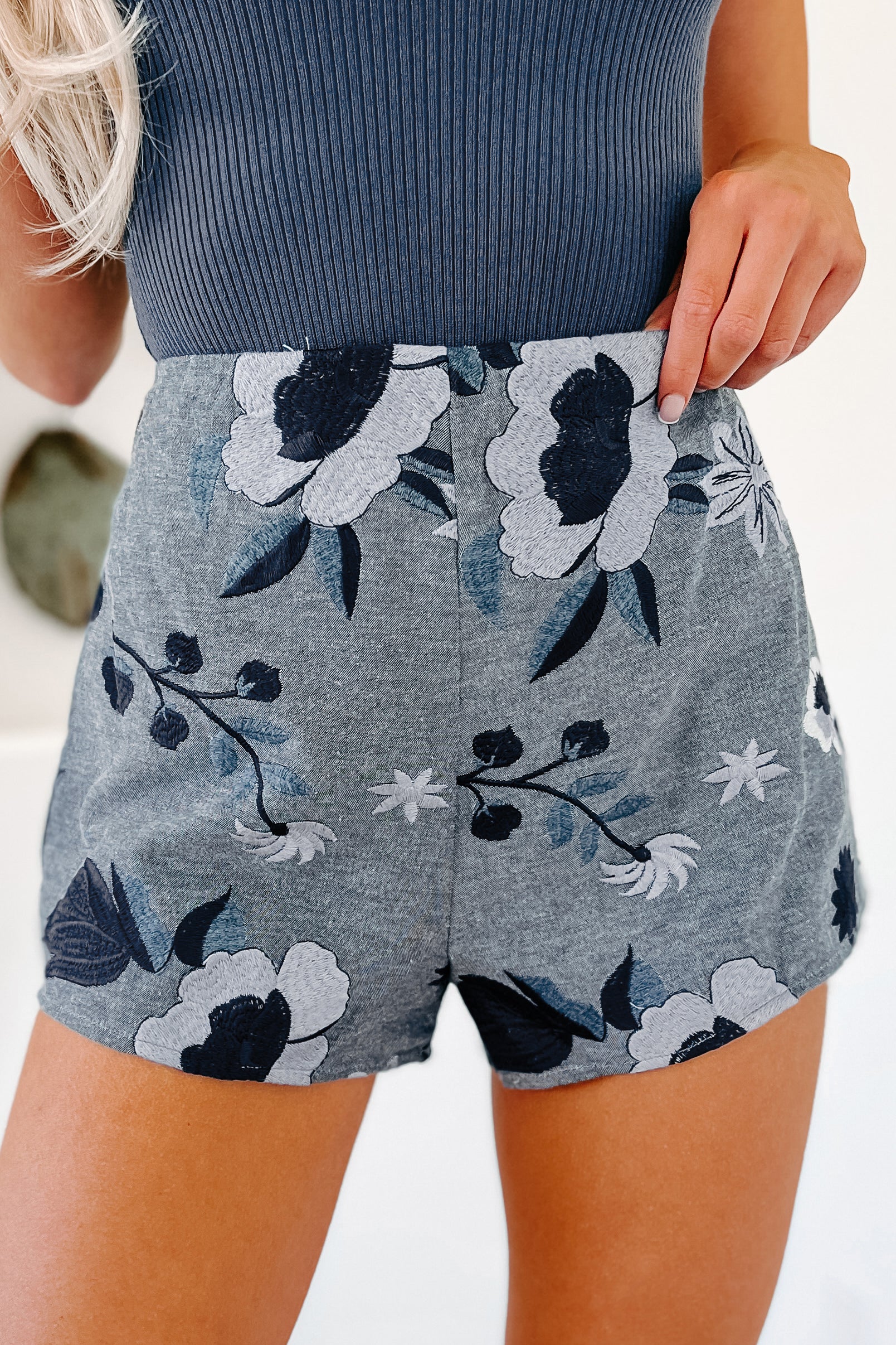 Dressed In Love Floral Embroidered Shorts (Denim)-The Formal Wear