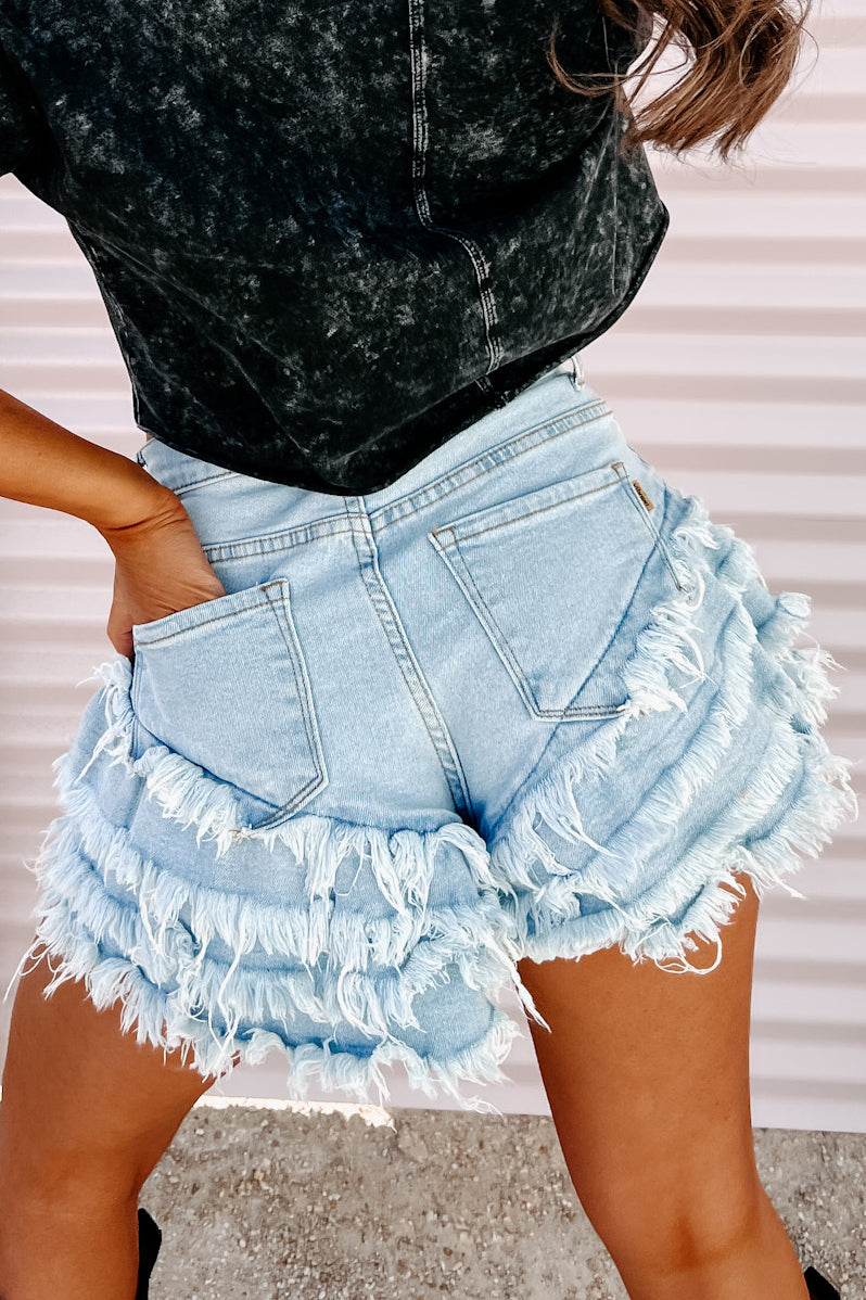 Ruffled And Ready Tiered Ruffle Raw Hem Shorts (Light)-The Formal Wear