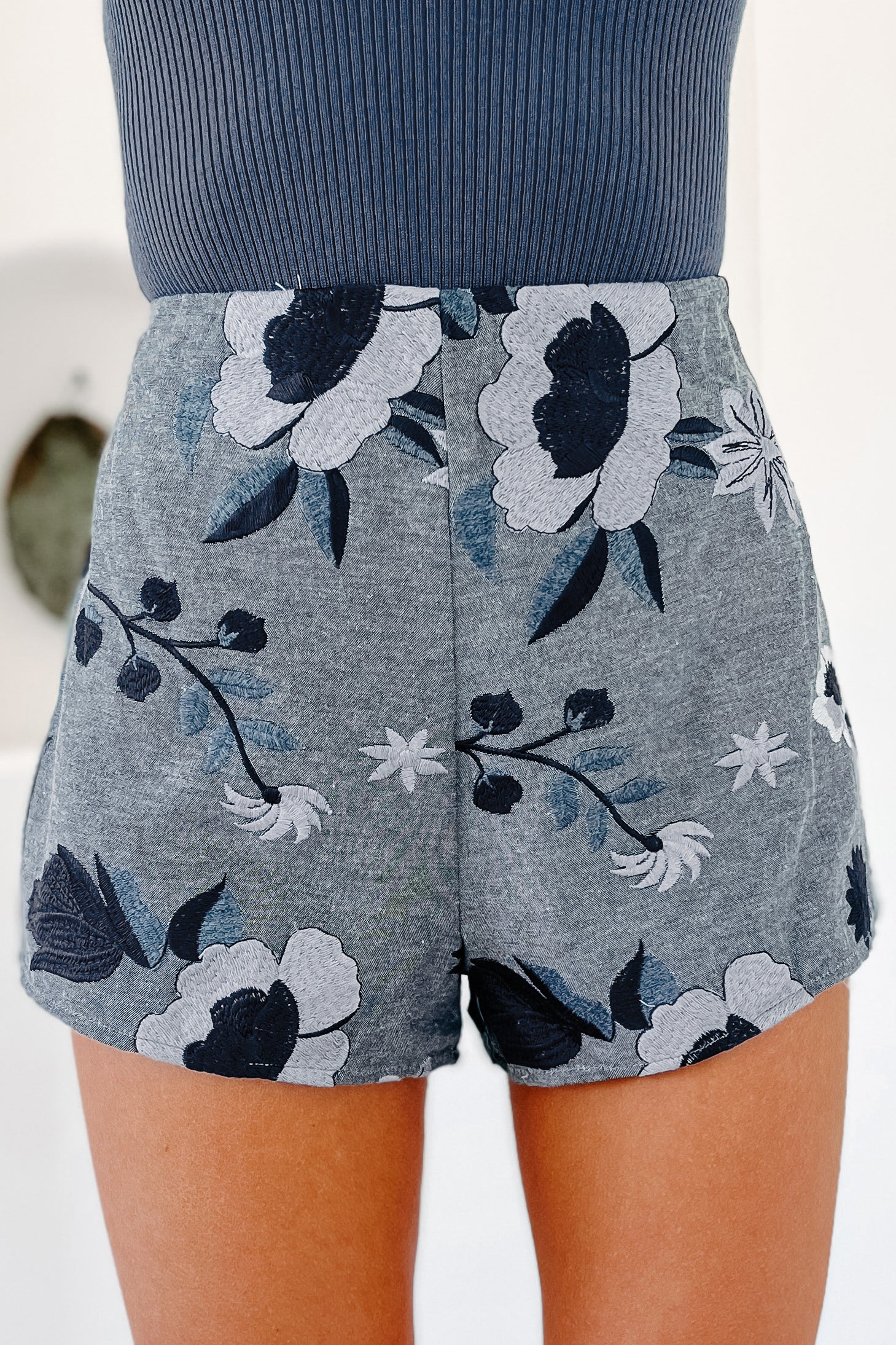 Dressed In Love Floral Embroidered Shorts (Denim)-The Formal Wear