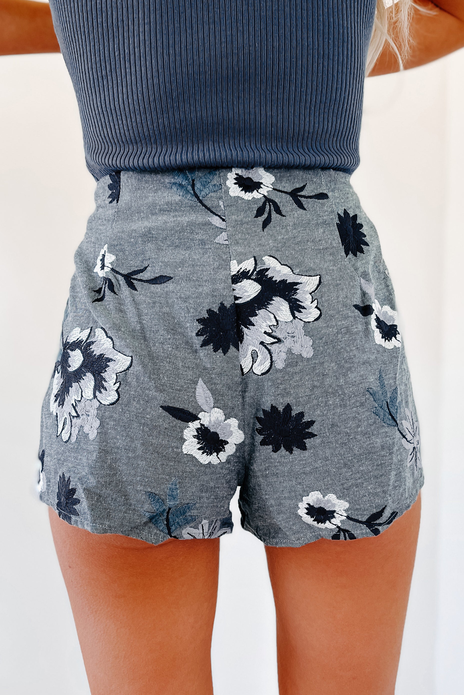 Dressed In Love Floral Embroidered Shorts (Denim)-The Formal Wear