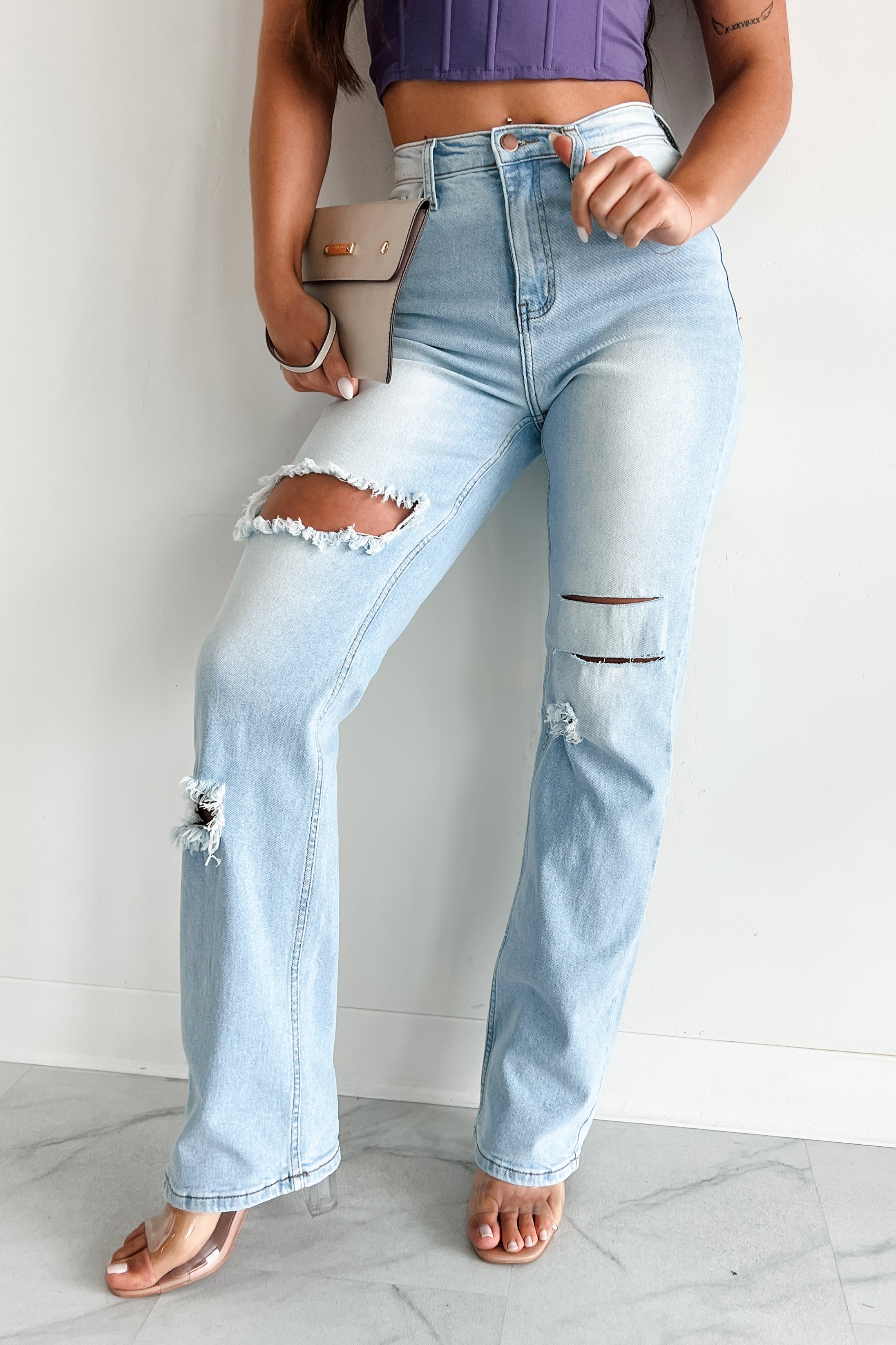 Only Good Days High Rise Distressed Wide Leg Jeans (Light)-The Formal Wear
