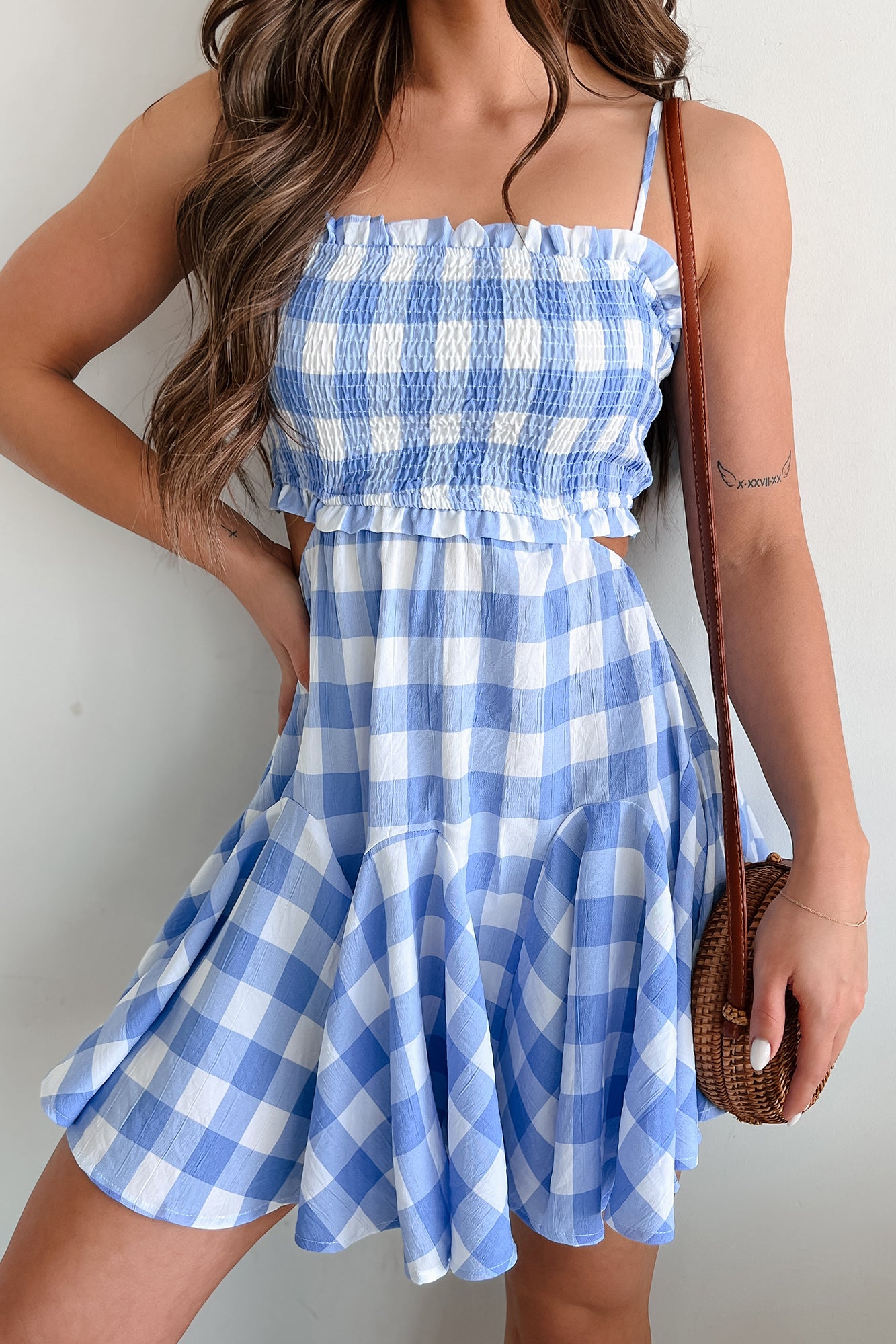Carnival Cutie Cut-Out Smocked Gingham Mini Dress (Blue)-The Formal Wear