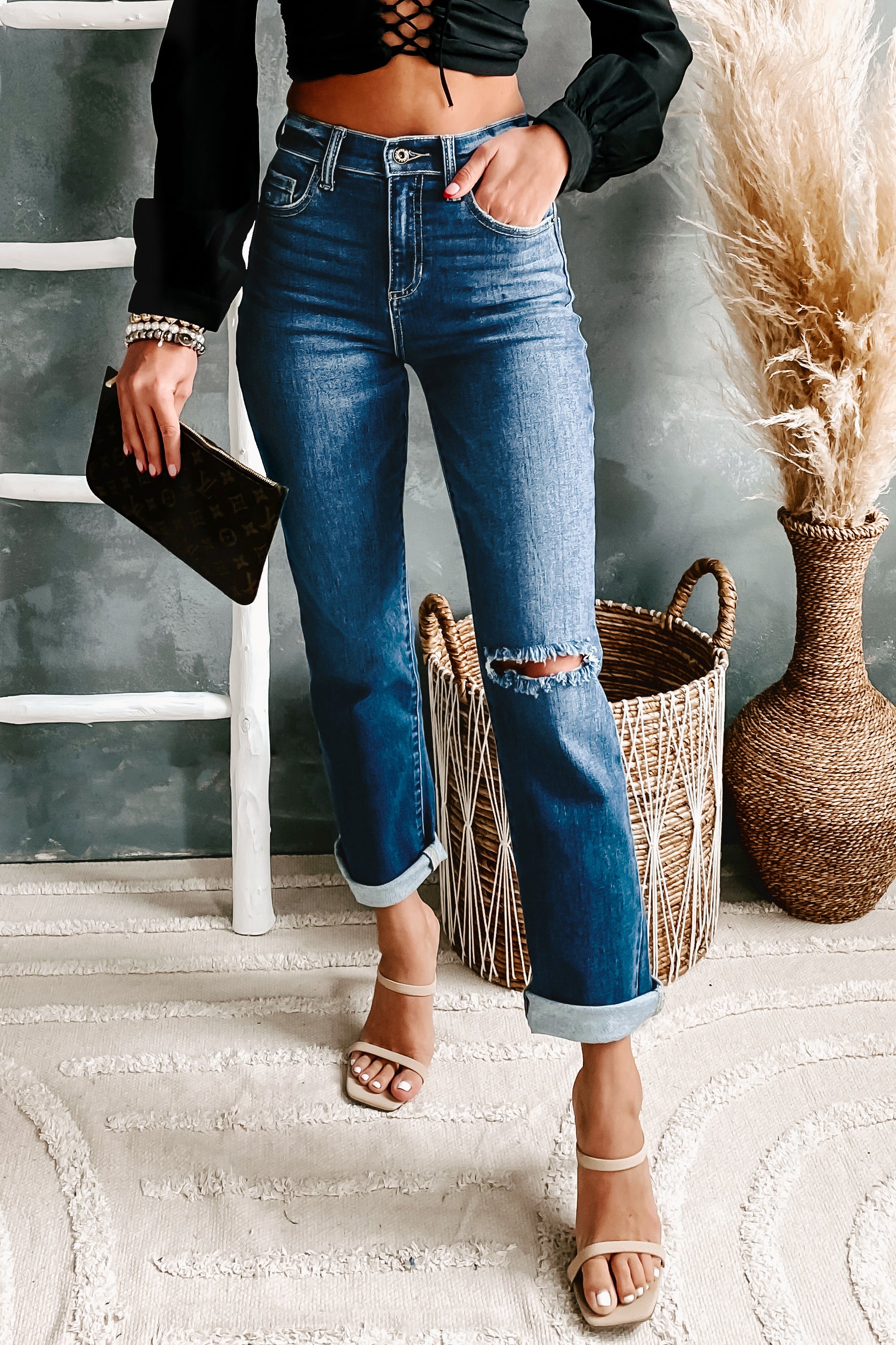 Silvia Sneak Peek High Rise Slim Straight Jeans (Medium Dark)-The Formal Wear