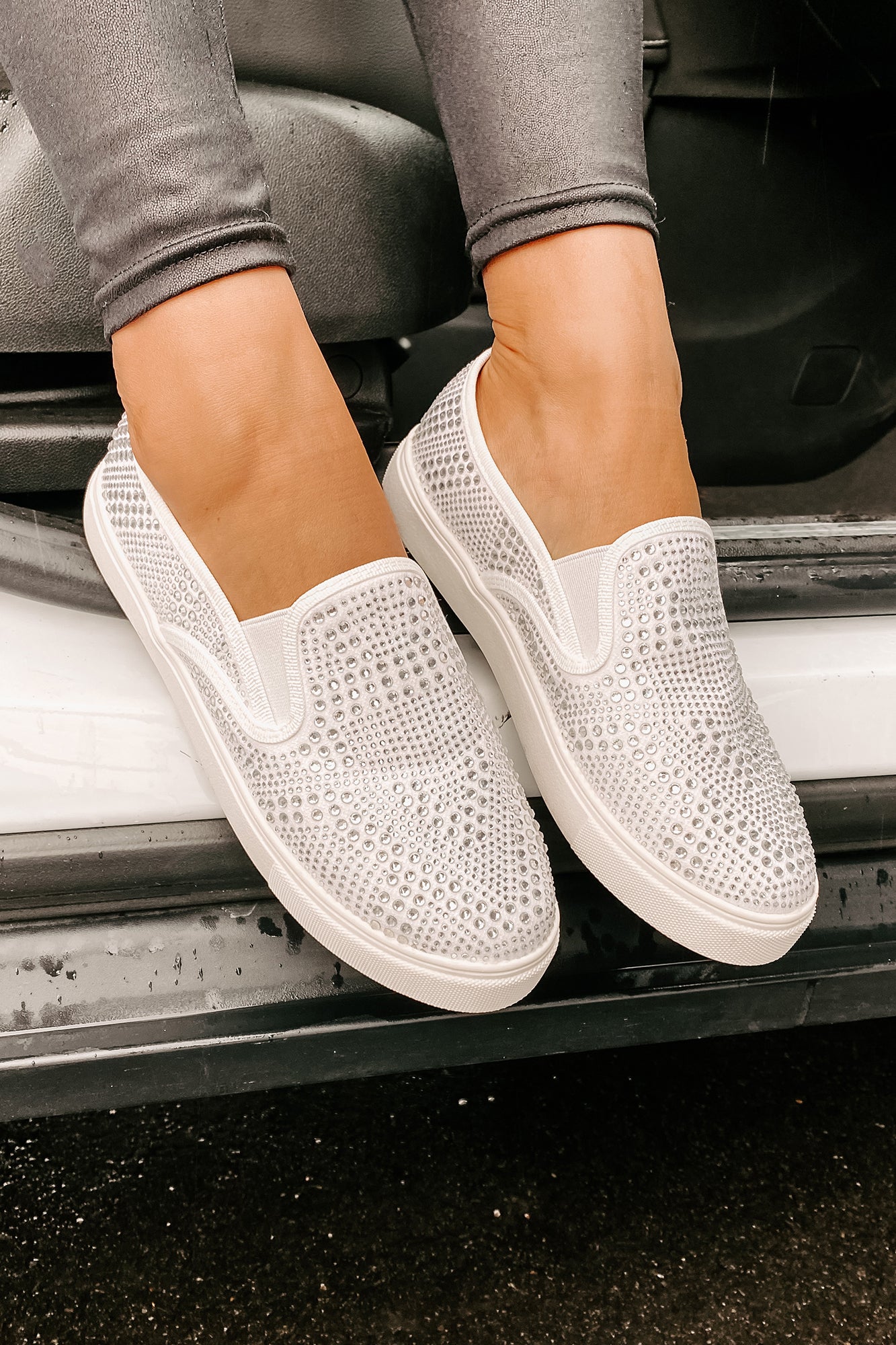 IMPERFECT Infinity Rhinestone Slip On Sneakers (White)-The Formal Wear