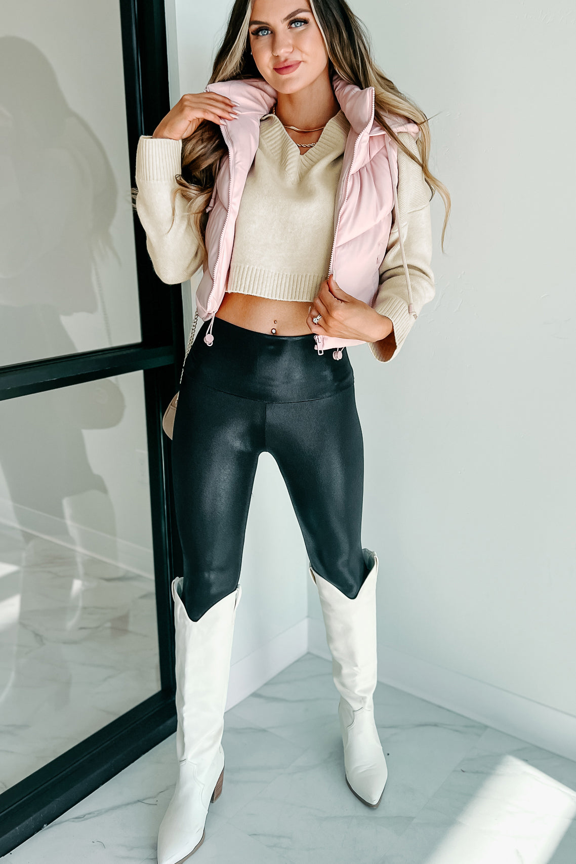 Arctic Chic Hooded Faux Leather Puffer Vest (Pink)-The Formal Wear