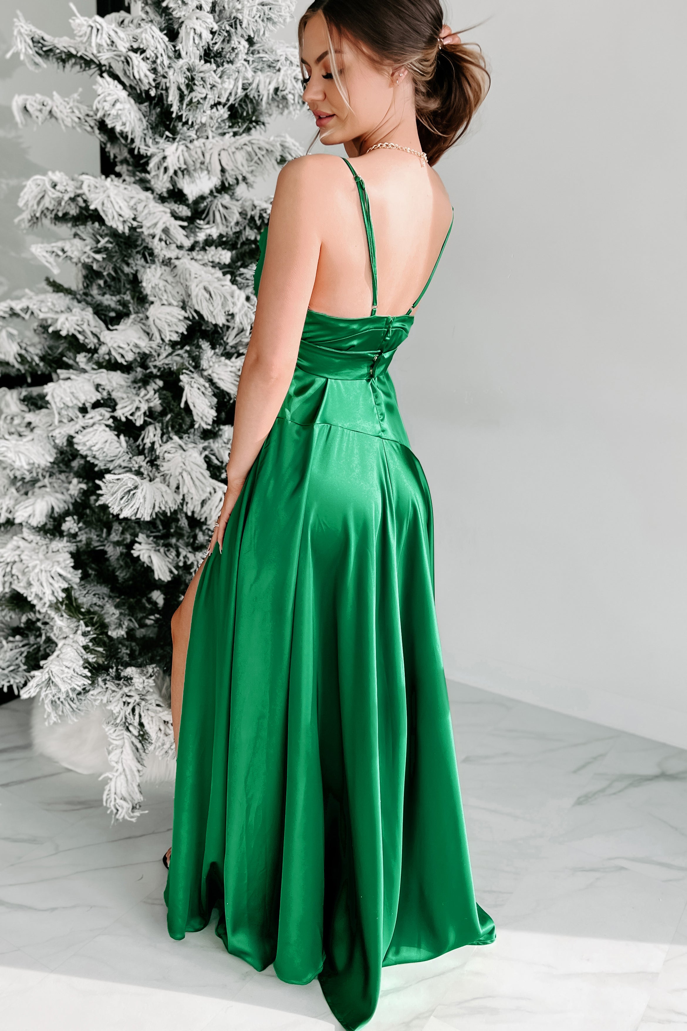 Desires Of The Heart Satin Cowl Neck Maxi Dress (Emerald)-The Formal Wear