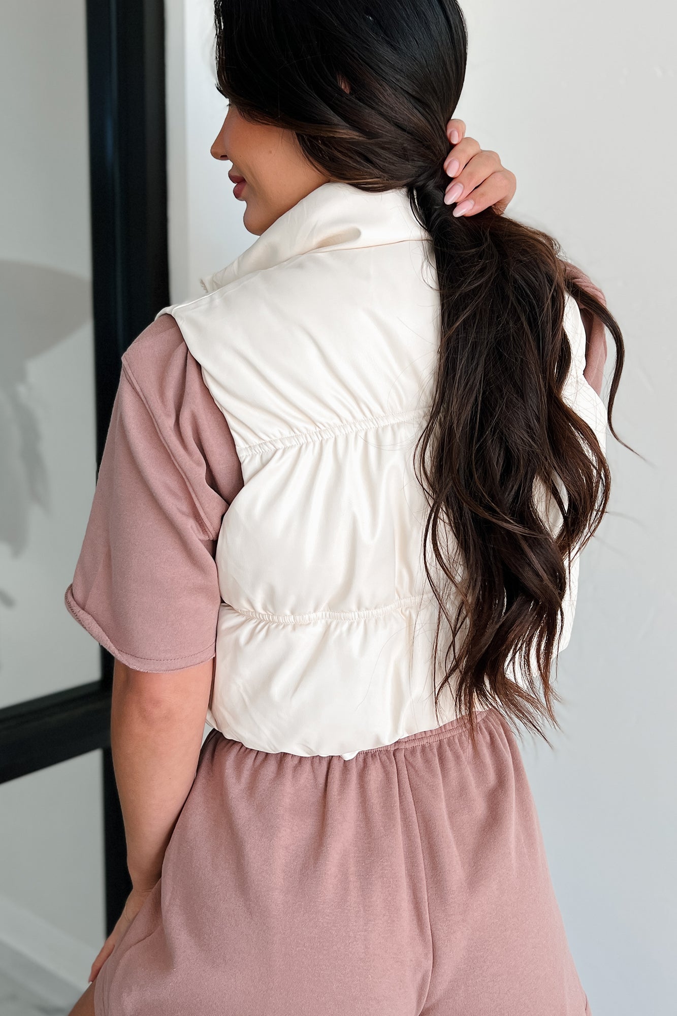 Hit The Slopes Faux Leather Puffer Vest (Ivory)-The Formal Wear