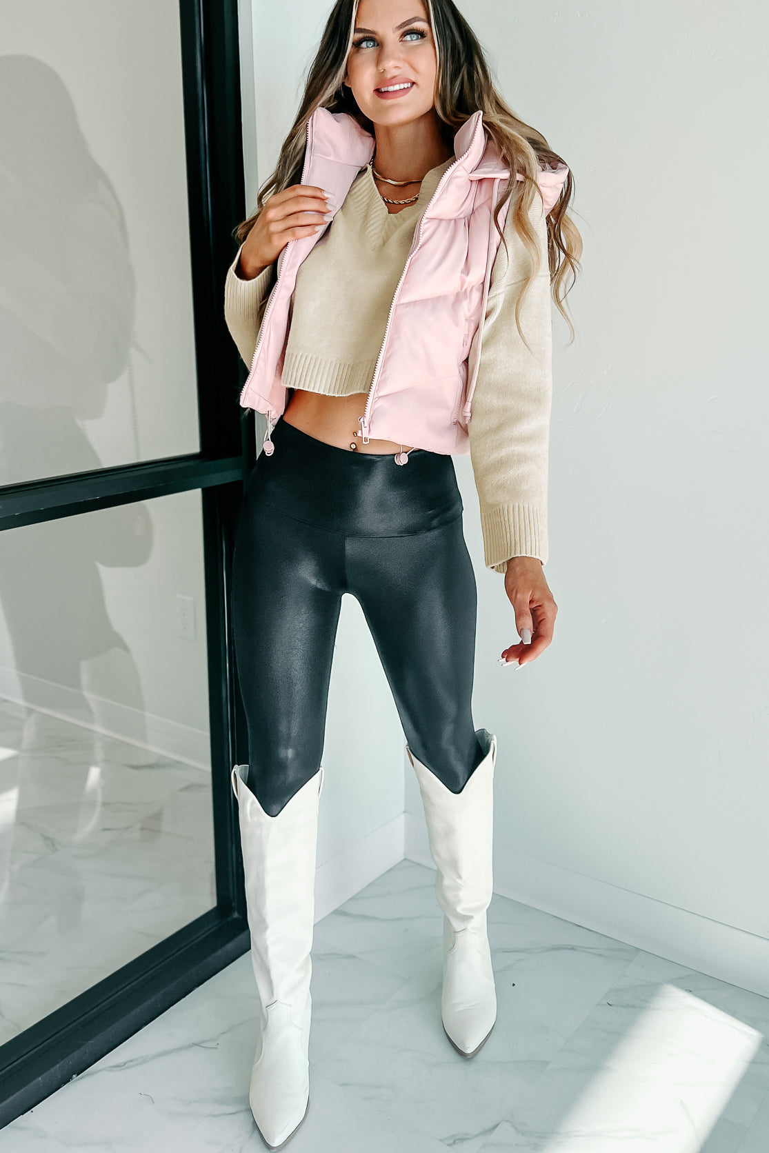 Arctic Chic Hooded Faux Leather Puffer Vest (Pink)-The Formal Wear