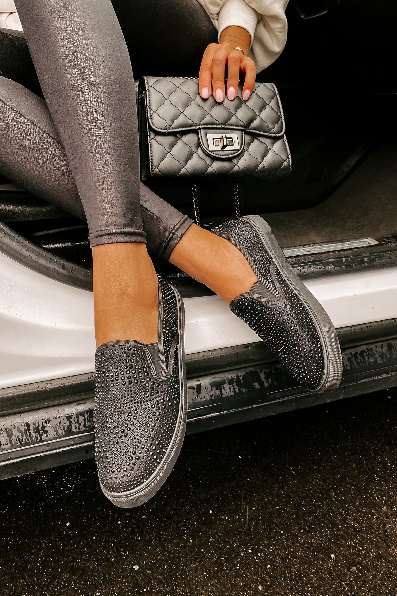 IMPERFECT Infinity Rhinestone Slip-On Sneakers (Black)-The Formal Wear