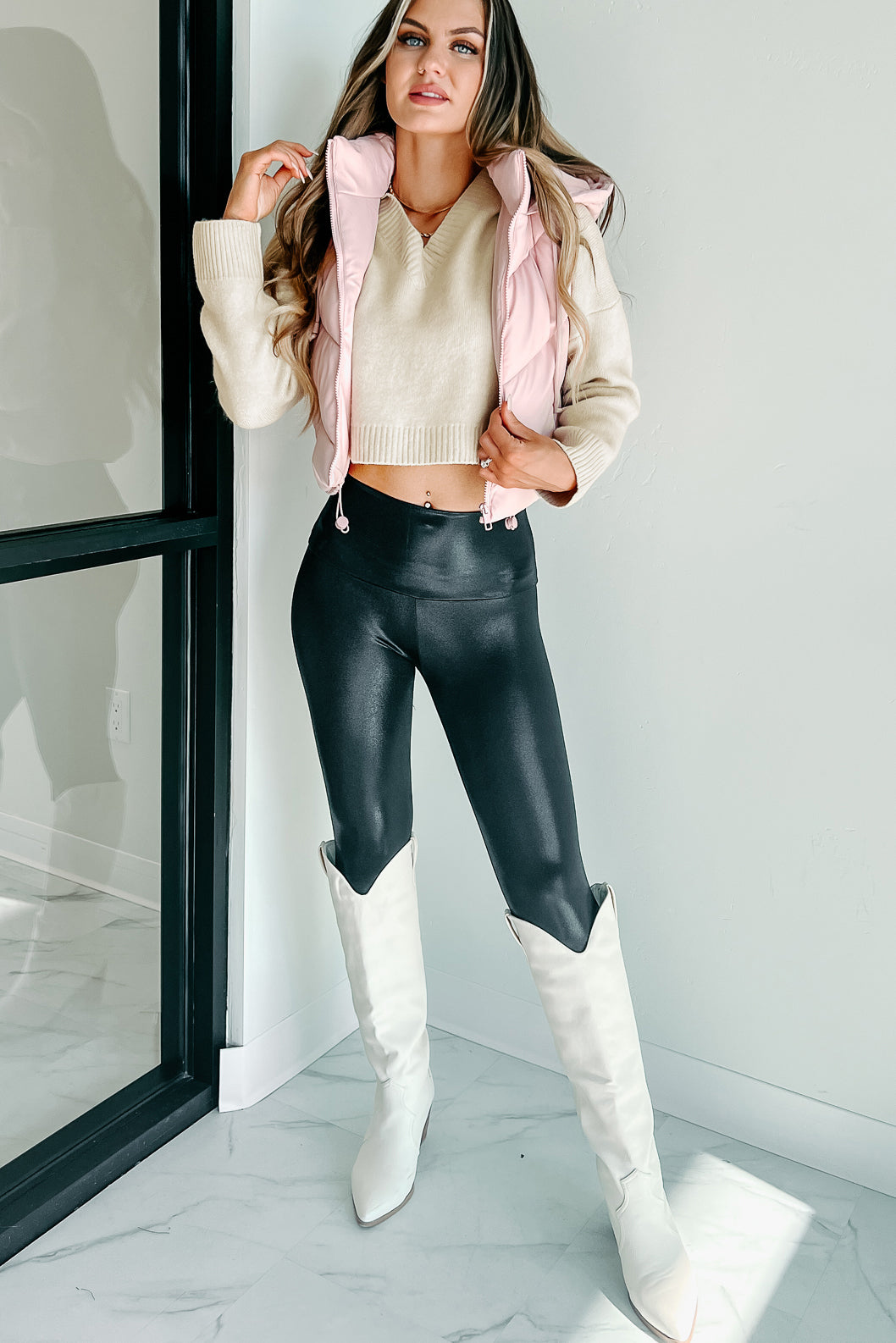 Arctic Chic Hooded Faux Leather Puffer Vest (Pink)-The Formal Wear