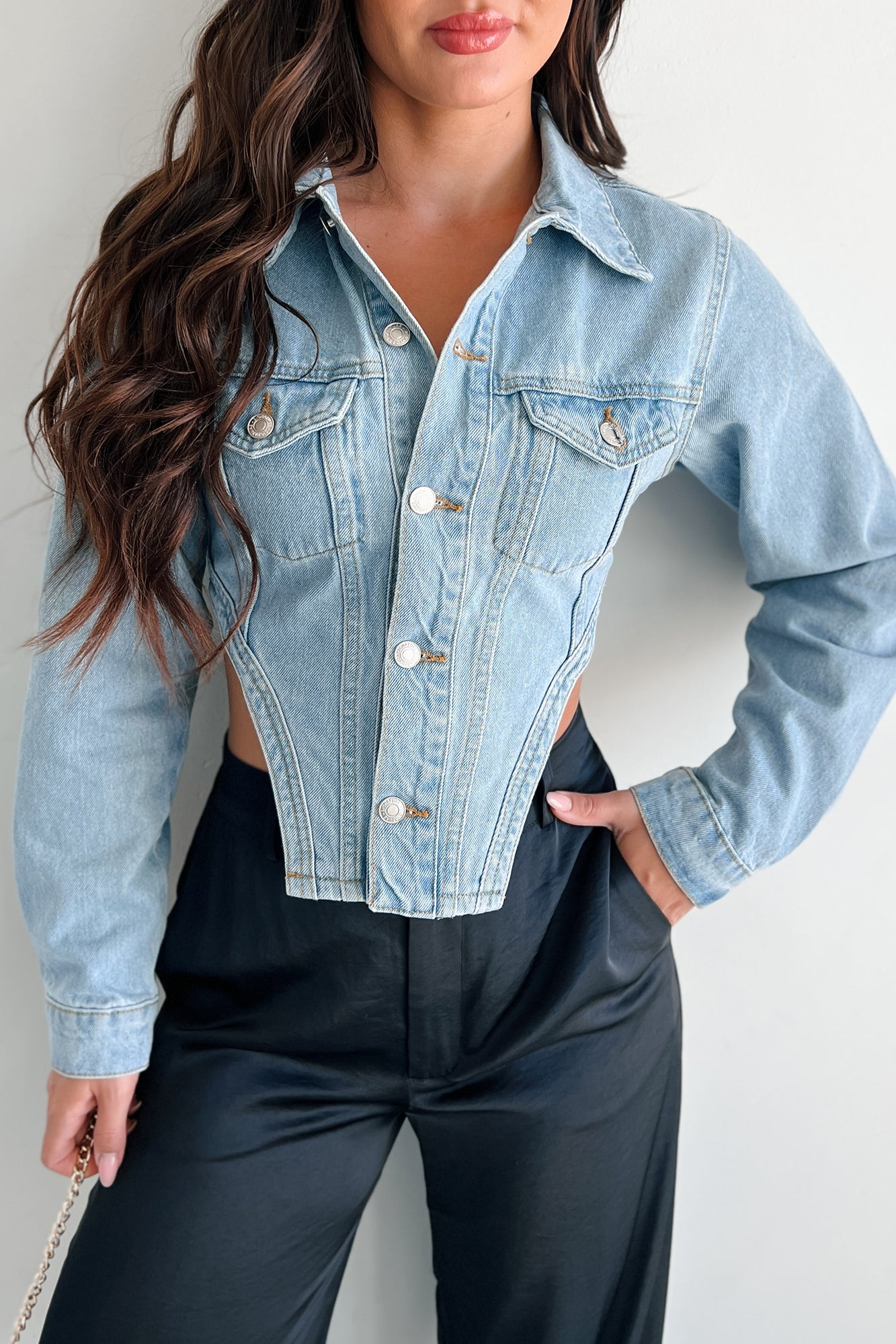 Icon Status Cropped Denim Corset Jacket (Medium Denim)-The Formal Wear