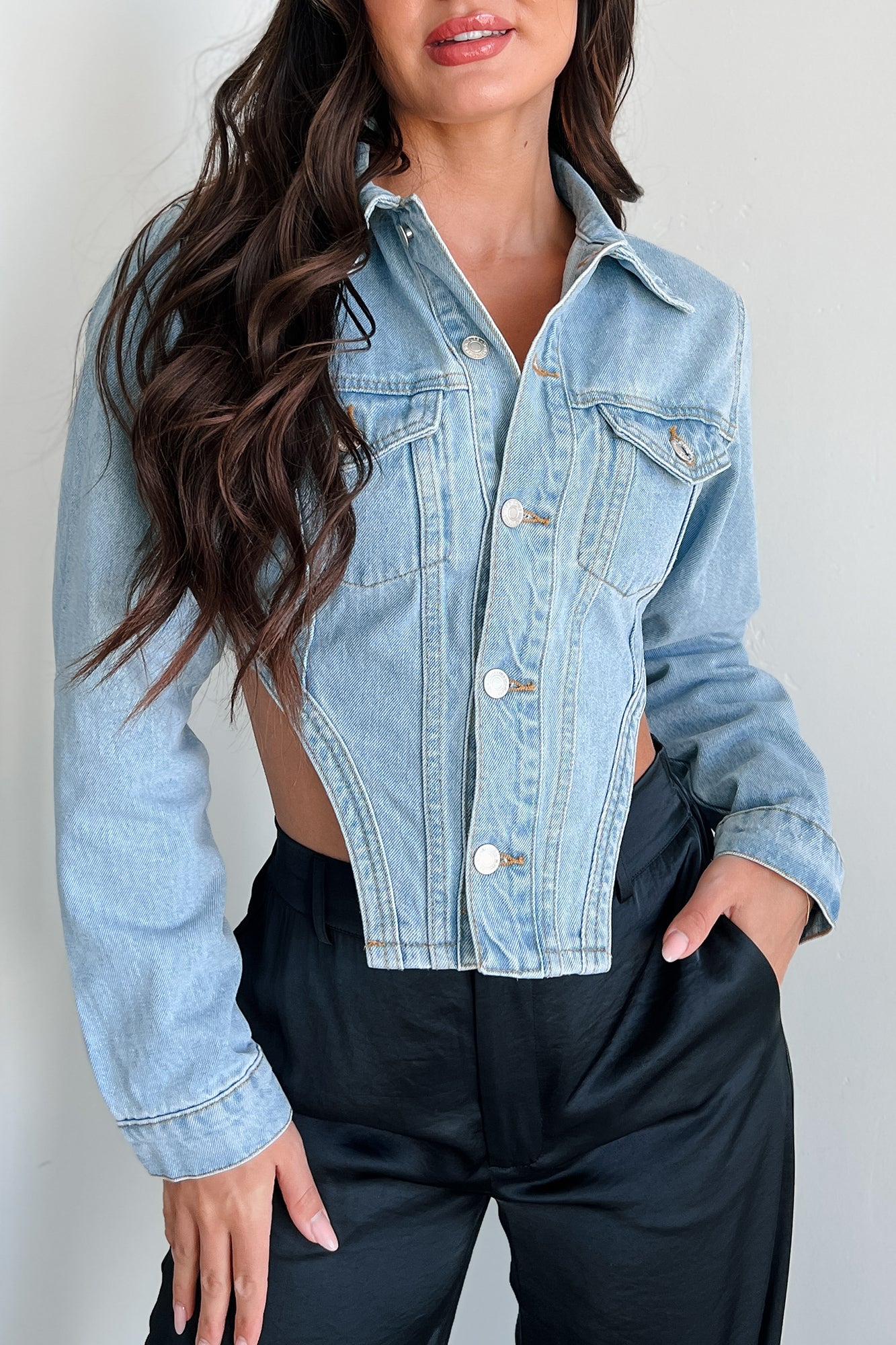 Icon Status Cropped Denim Corset Jacket (Medium Denim)-The Formal Wear