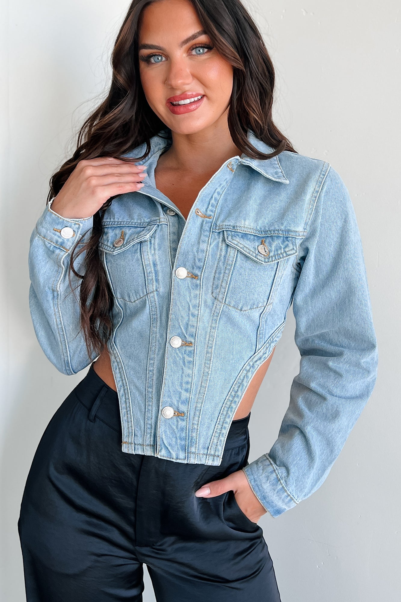 Icon Status Cropped Denim Corset Jacket (Medium Denim)-The Formal Wear