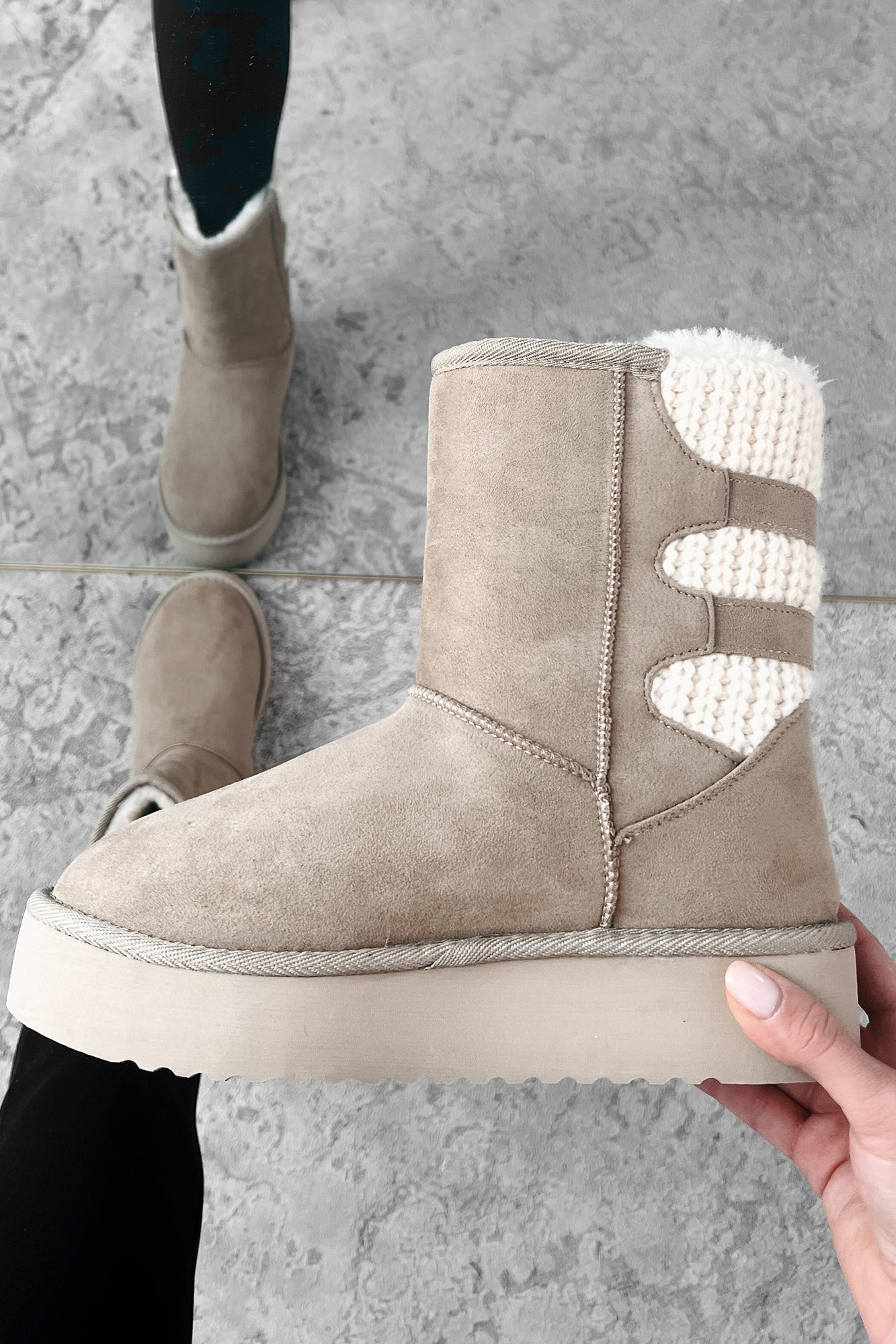 Catching Snowflakes Buckle Knit Platform Boots (Oat)-The Formal Wear