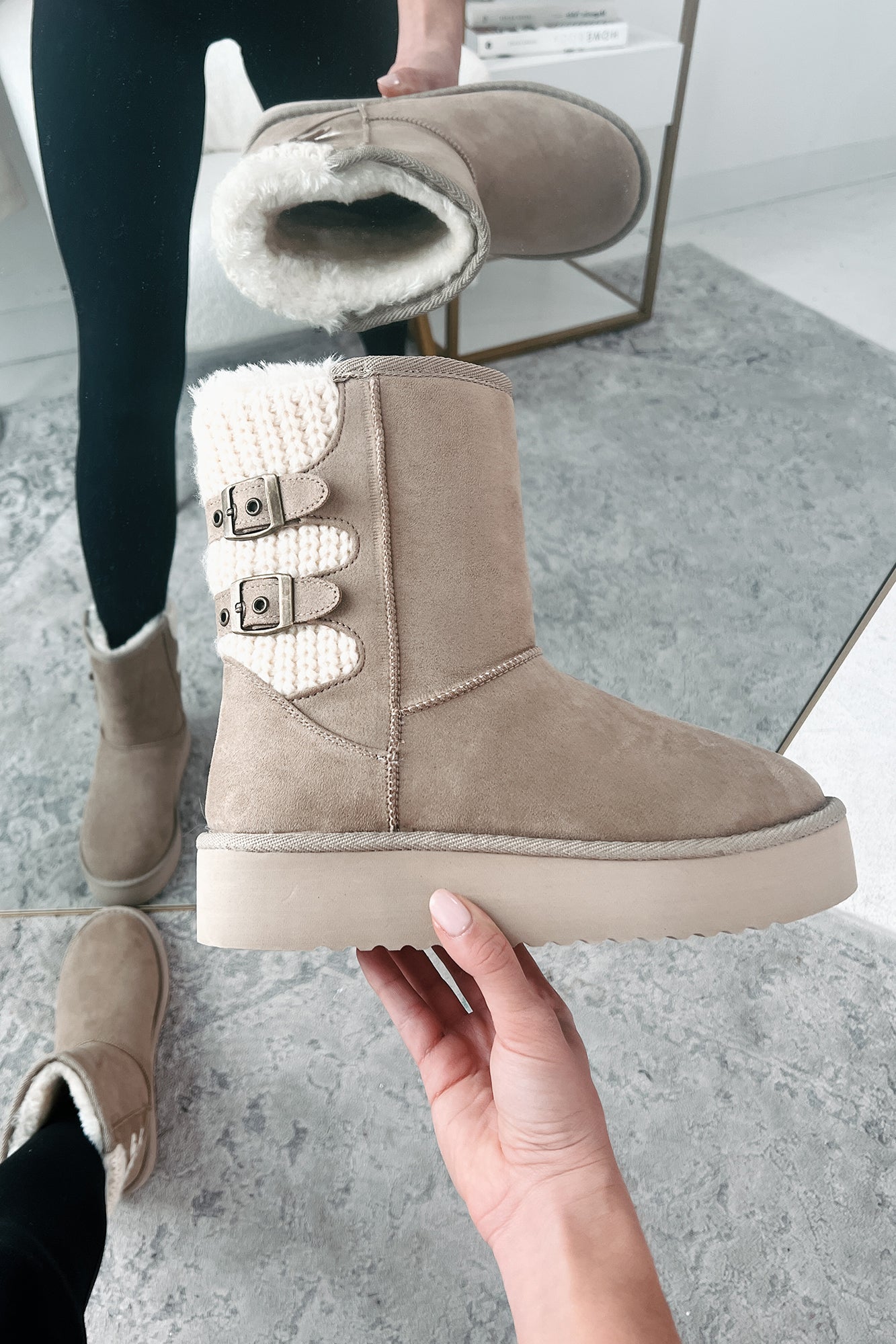 Catching Snowflakes Buckle Knit Platform Boots (Oat)-The Formal Wear
