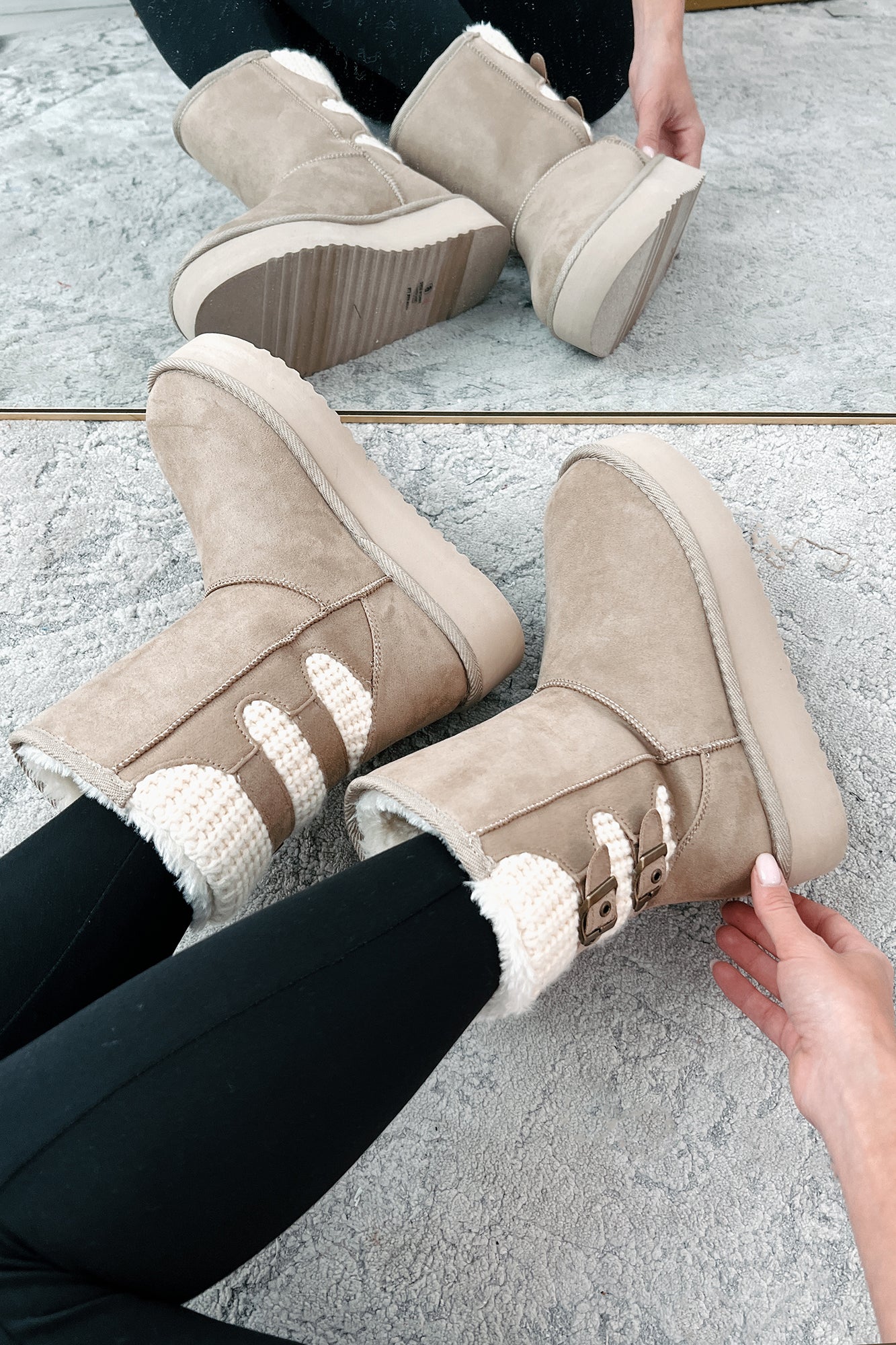 Catching Snowflakes Buckle Knit Platform Boots (Oat)-The Formal Wear