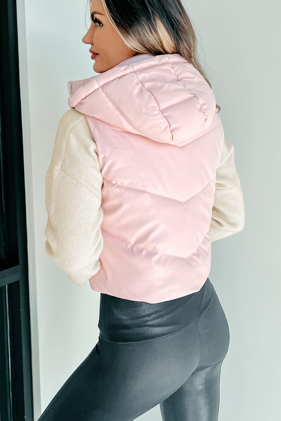 Arctic Chic Hooded Faux Leather Puffer Vest (Pink)-The Formal Wear