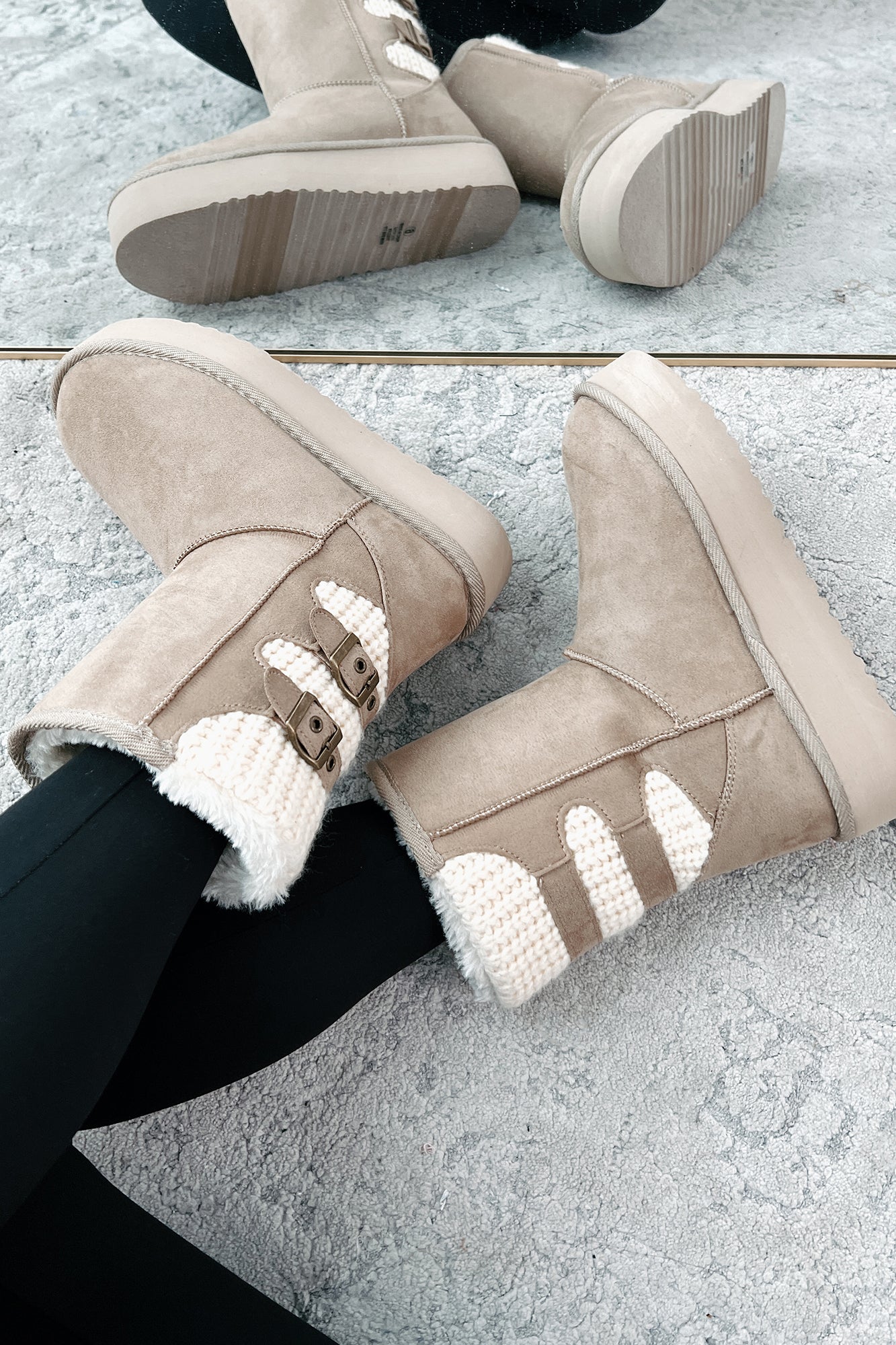 Catching Snowflakes Buckle Knit Platform Boots (Oat)-The Formal Wear