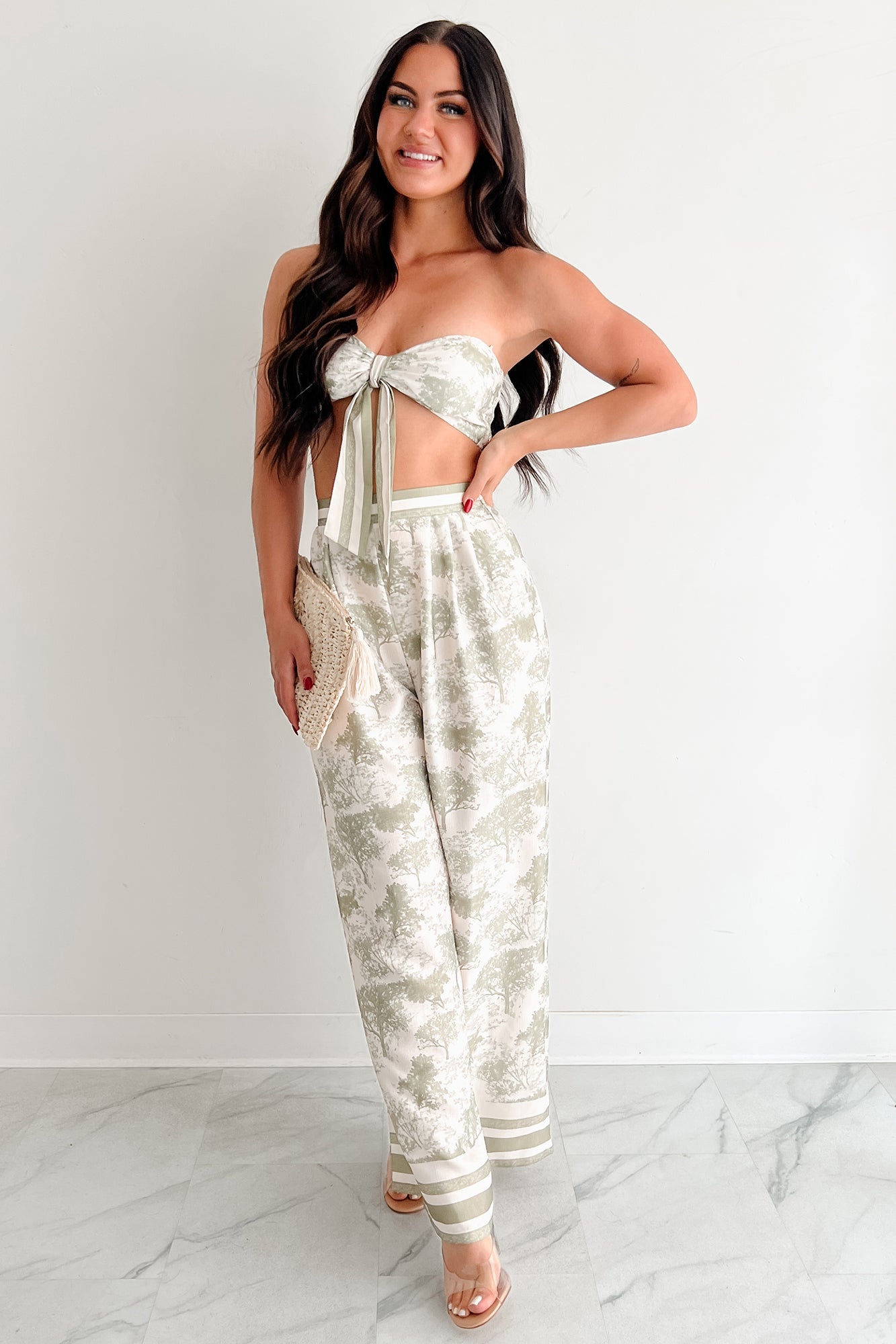 On Brand Printed Bandeau Top & Pants Set (Ivory/Sage)-The Formal Wear