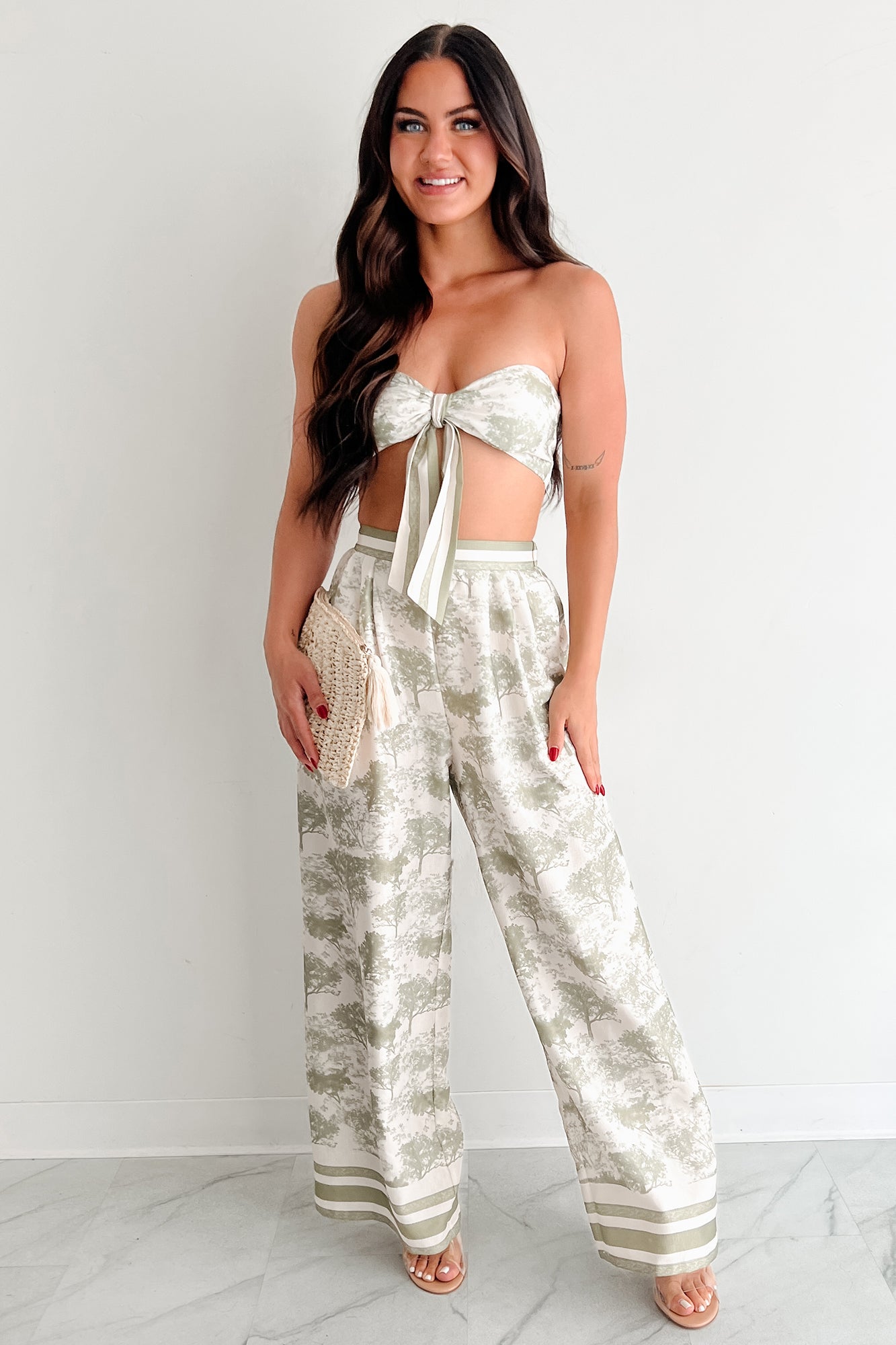 On Brand Printed Bandeau Top & Pants Set (Ivory/Sage)-The Formal Wear