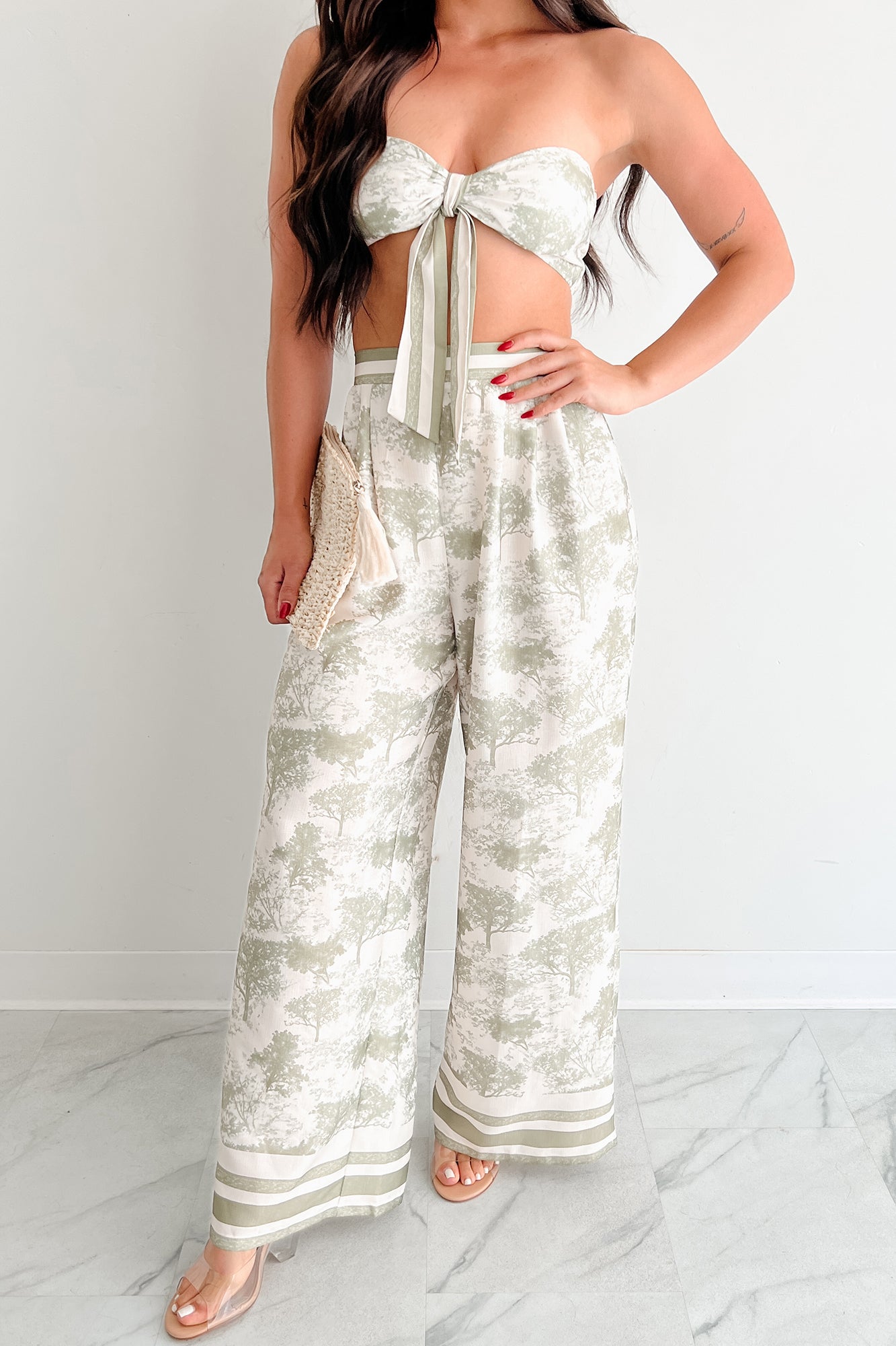 On Brand Printed Bandeau Top & Pants Set (Ivory/Sage)-The Formal Wear
