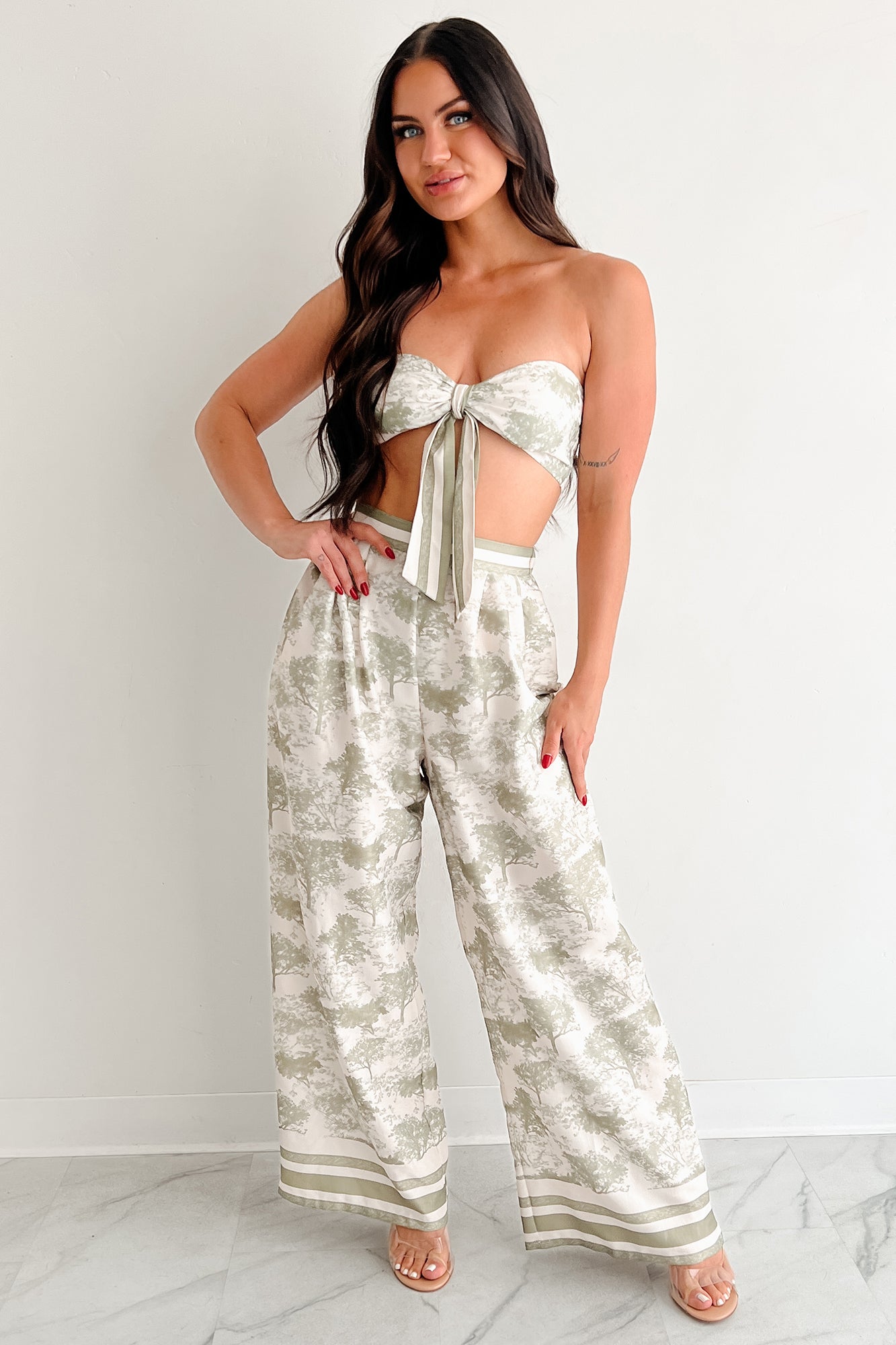 On Brand Printed Bandeau Top & Pants Set (Ivory/Sage)-The Formal Wear