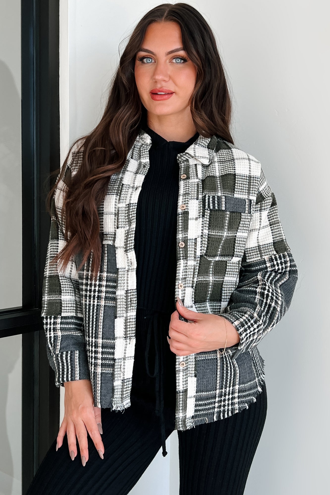 Brently Textured Plaid Shacket (Olive)-The Formal Wear