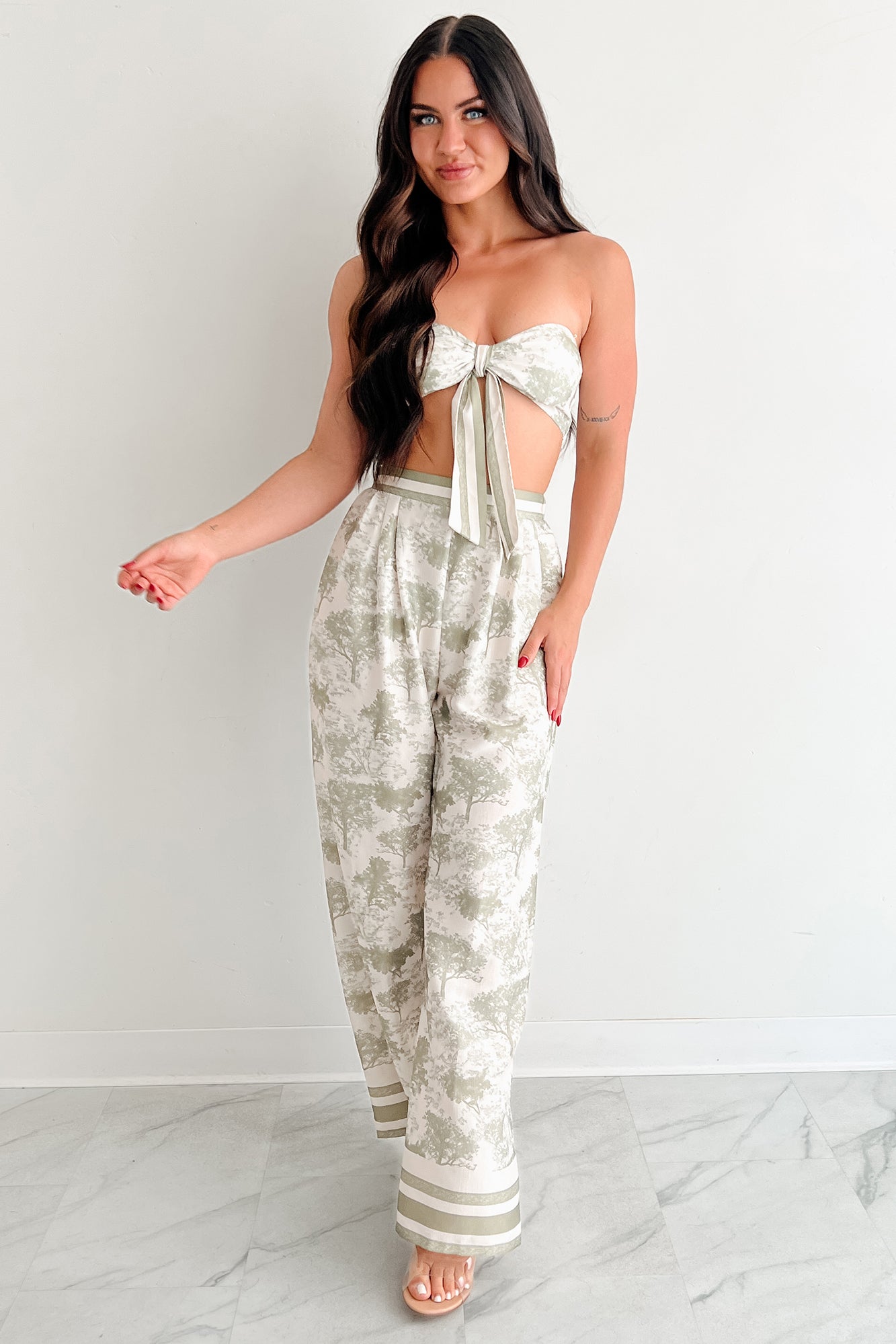On Brand Printed Bandeau Top & Pants Set (Ivory/Sage)-The Formal Wear