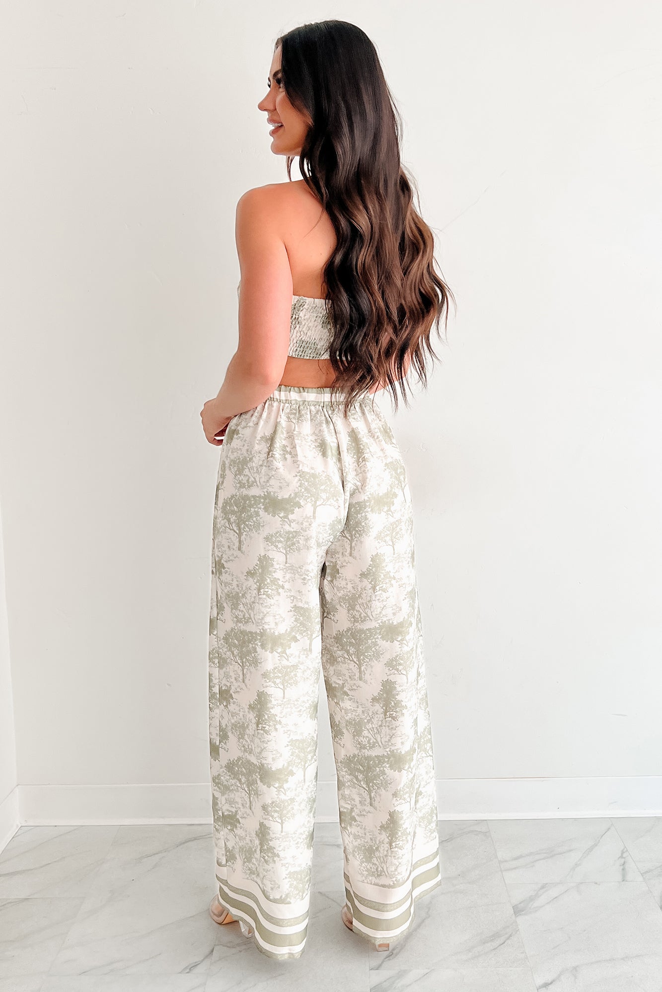 On Brand Printed Bandeau Top & Pants Set (Ivory/Sage)-The Formal Wear