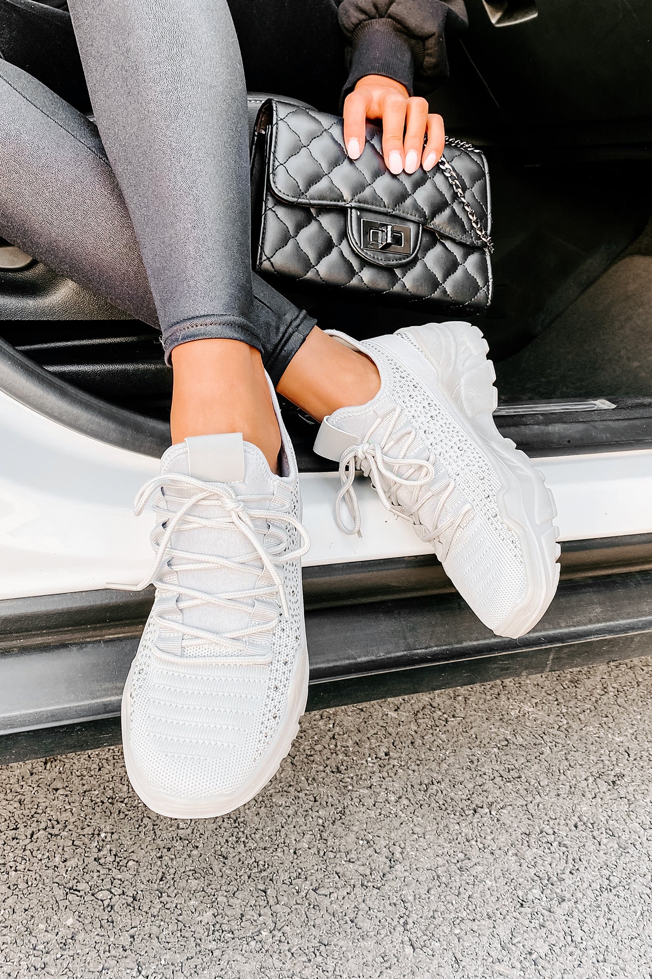 Touch Of Sparkle Chunky Rhinestone Sneakers (Grey)-The Formal Wear