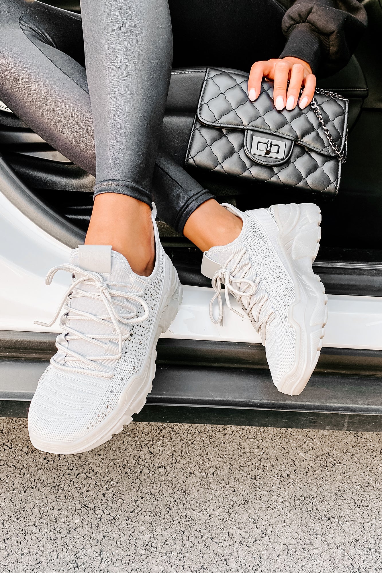 Touch Of Sparkle Chunky Rhinestone Sneakers (Grey)-The Formal Wear