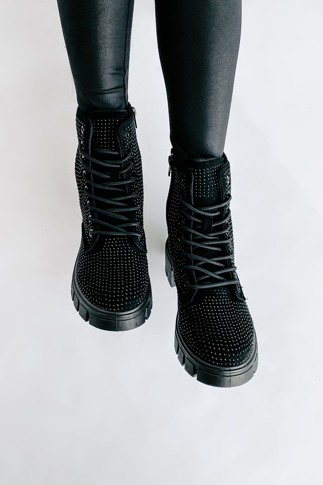 Spunky Sweetie Rhinestone Combat Boots (Black)-The Formal Wear