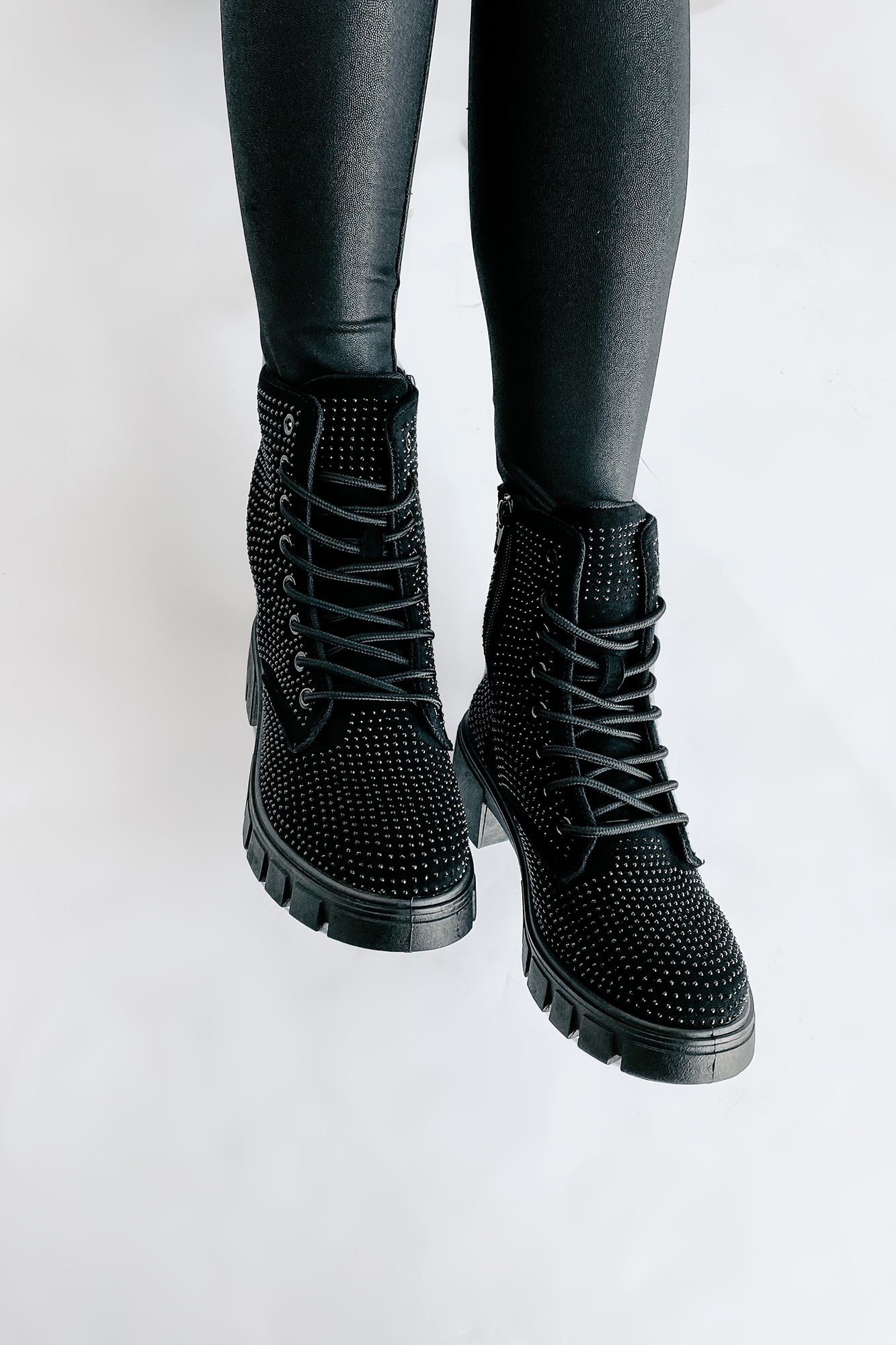 Spunky Sweetie Rhinestone Combat Boots (Black)-The Formal Wear