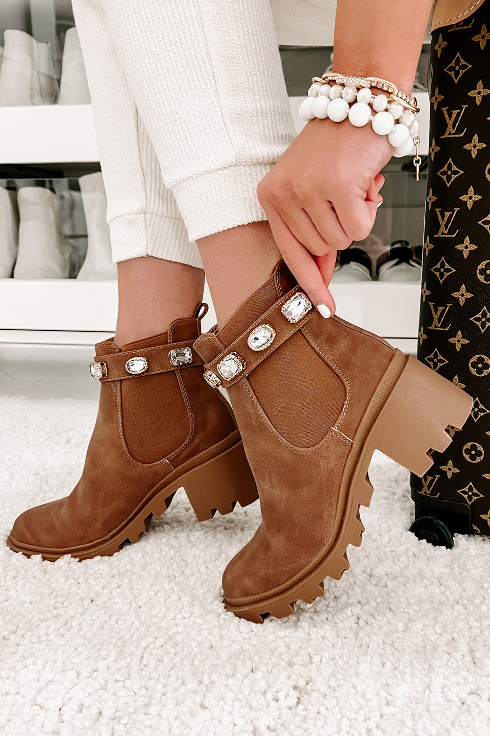 Finished With You Rhinestone Strap Booties (Tan)-The Formal Wear