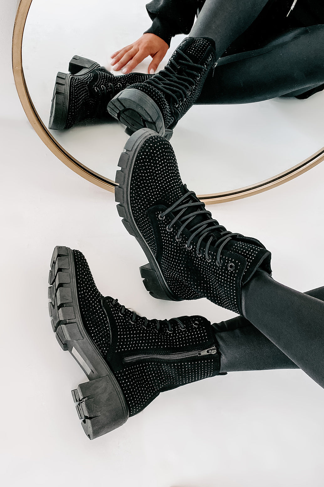 Spunky Sweetie Rhinestone Combat Boots (Black)-The Formal Wear