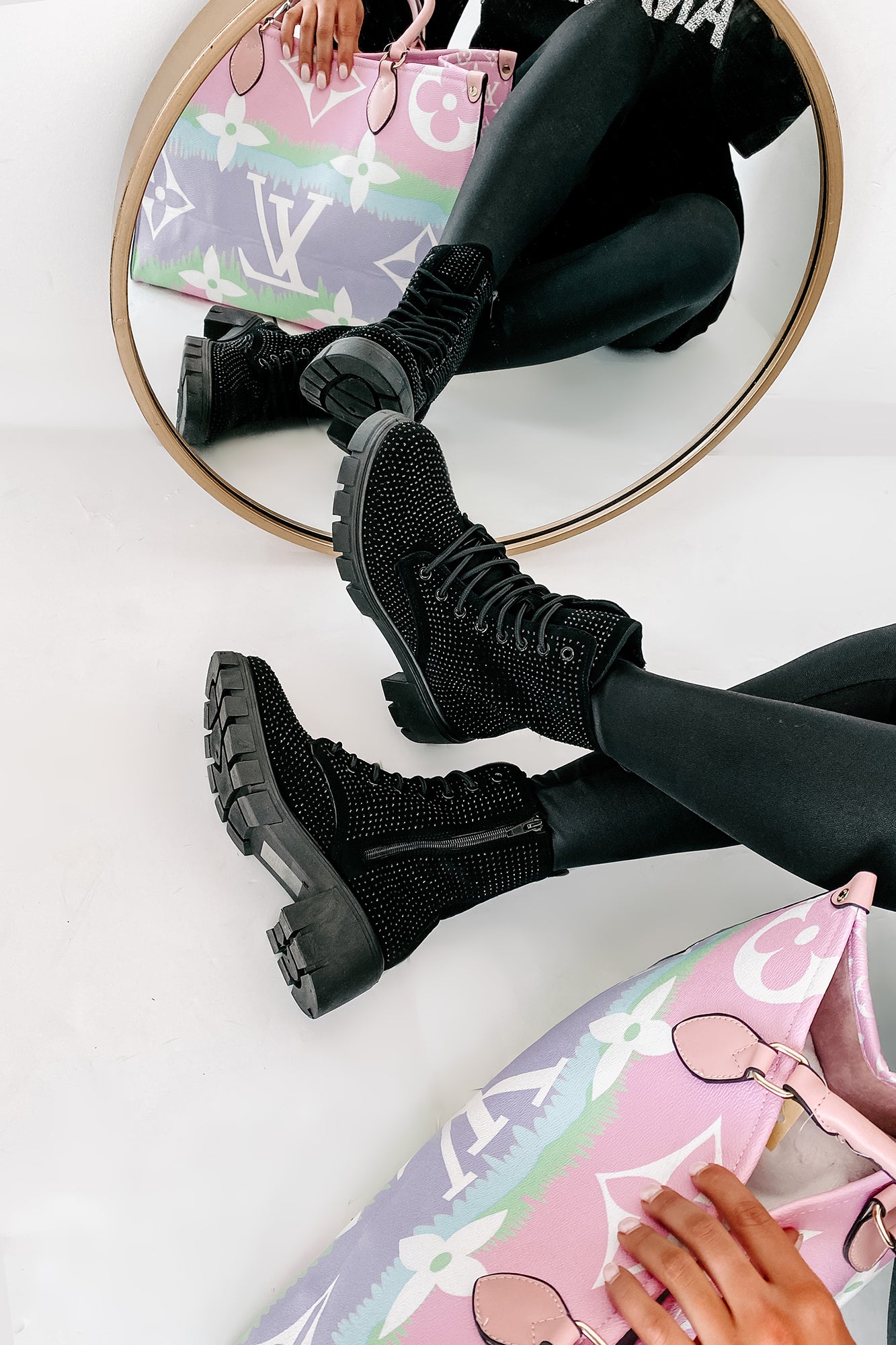 Spunky Sweetie Rhinestone Combat Boots (Black)-The Formal Wear