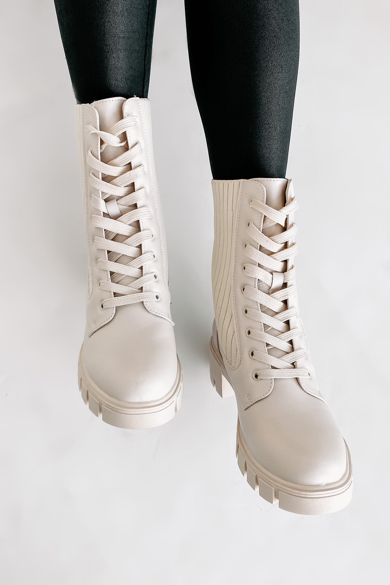 Changing The Game Ribbed Knit Lace-Up Combat Boots (Bone)-The Formal Wear