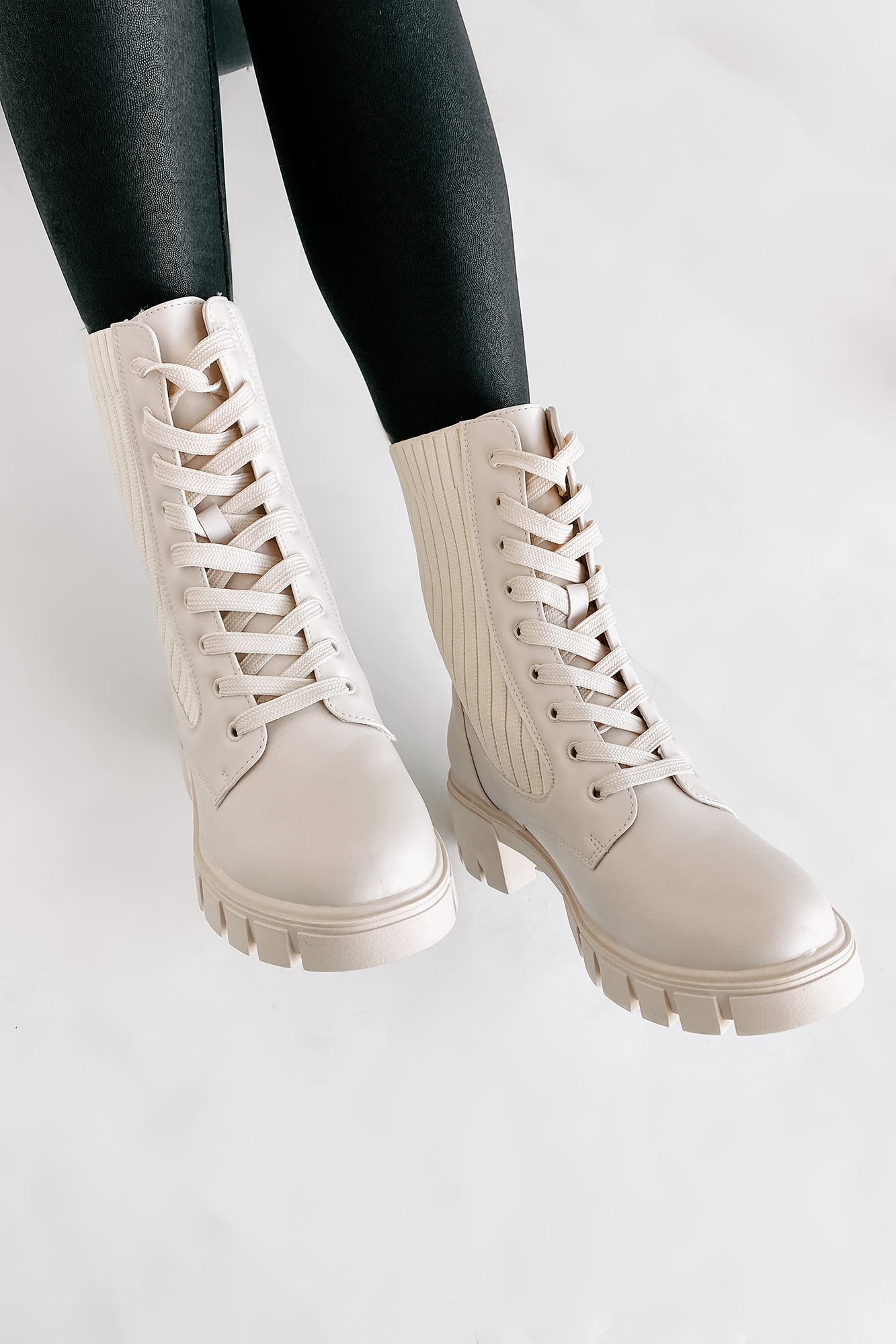 Changing The Game Ribbed Knit Lace-Up Combat Boots (Bone)-The Formal Wear