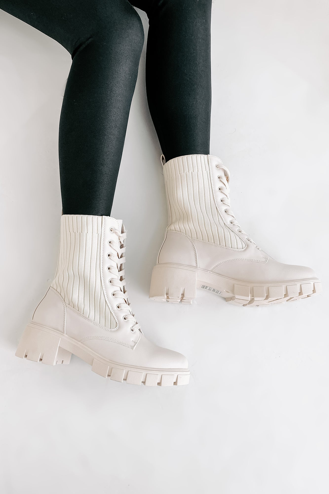 Changing The Game Ribbed Knit Lace-Up Combat Boots (Bone)-The Formal Wear