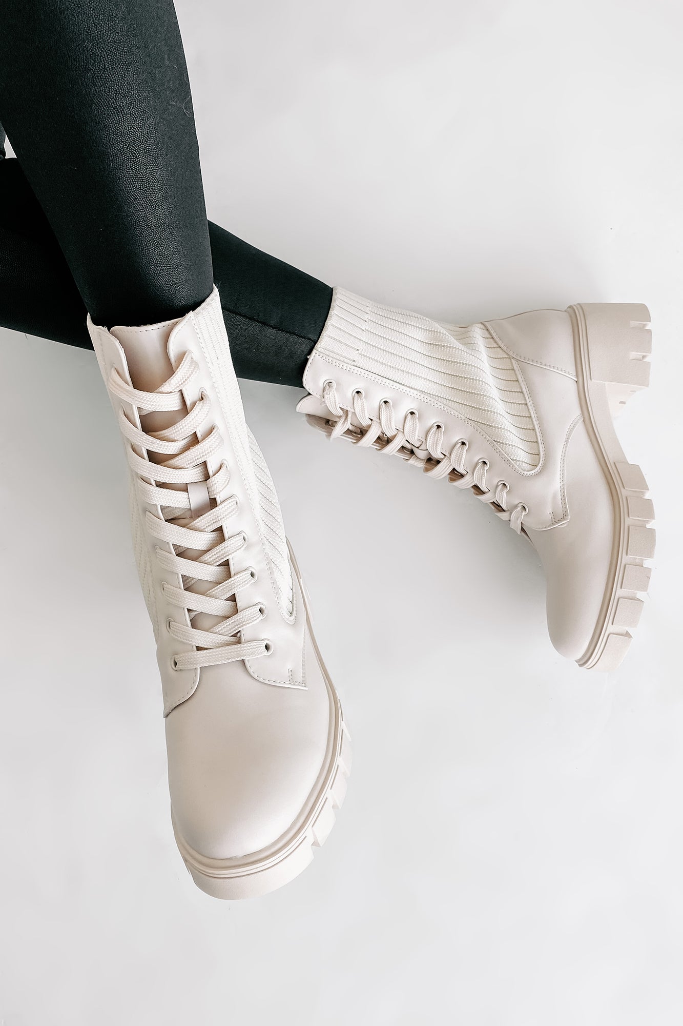 Changing The Game Ribbed Knit Lace-Up Combat Boots (Bone)-The Formal Wear