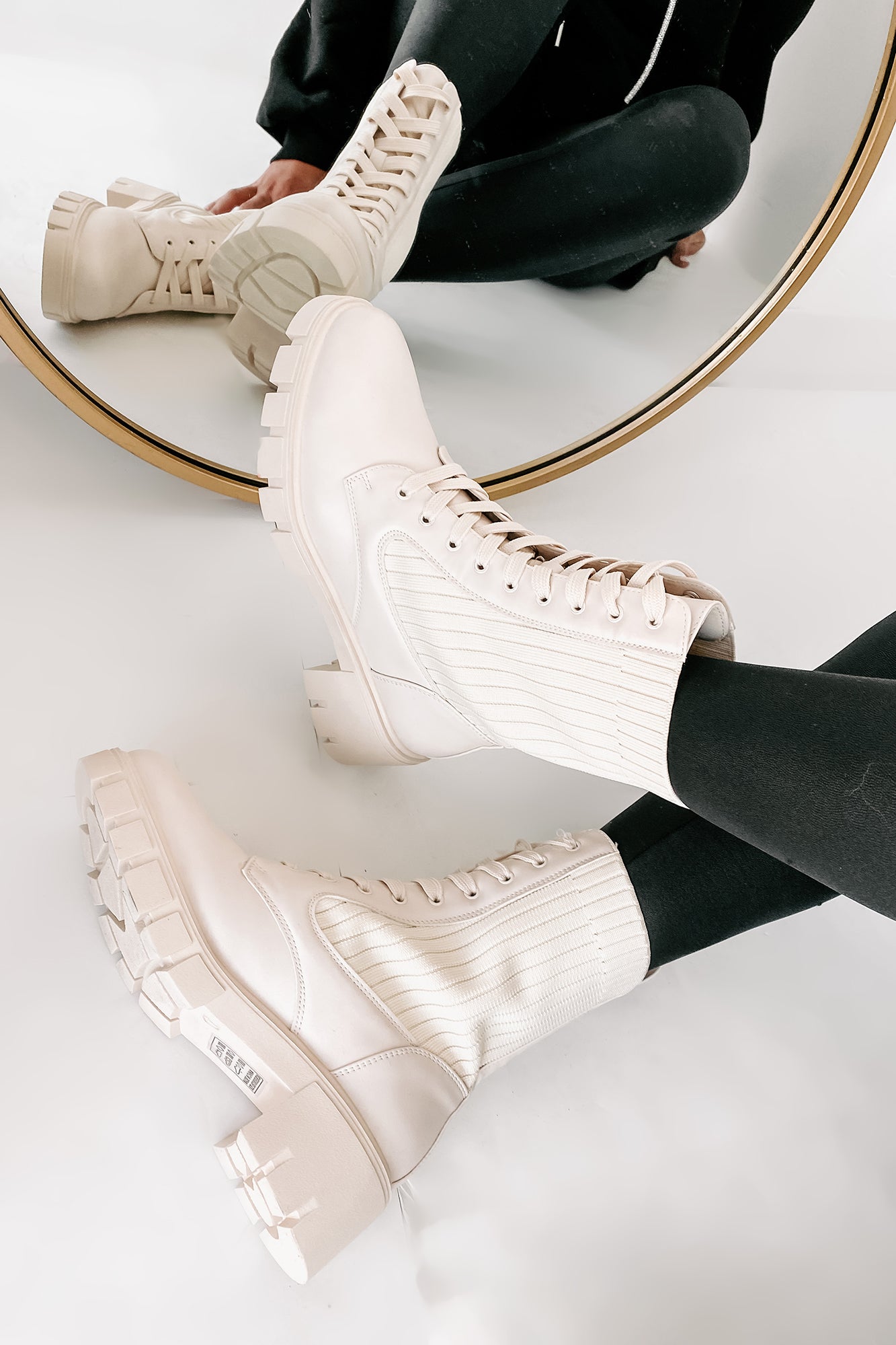 Changing The Game Ribbed Knit Lace-Up Combat Boots (Bone)-The Formal Wear