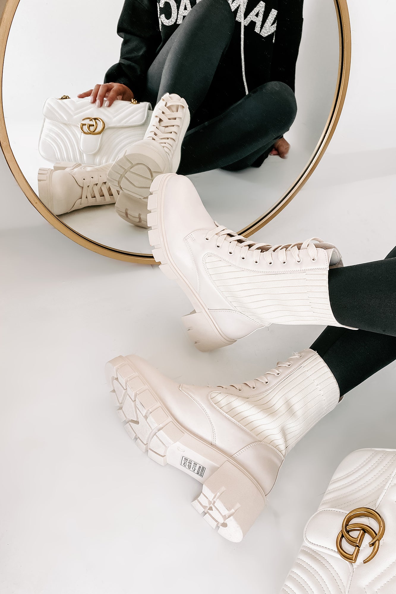 Changing The Game Ribbed Knit Lace-Up Combat Boots (Bone)-The Formal Wear