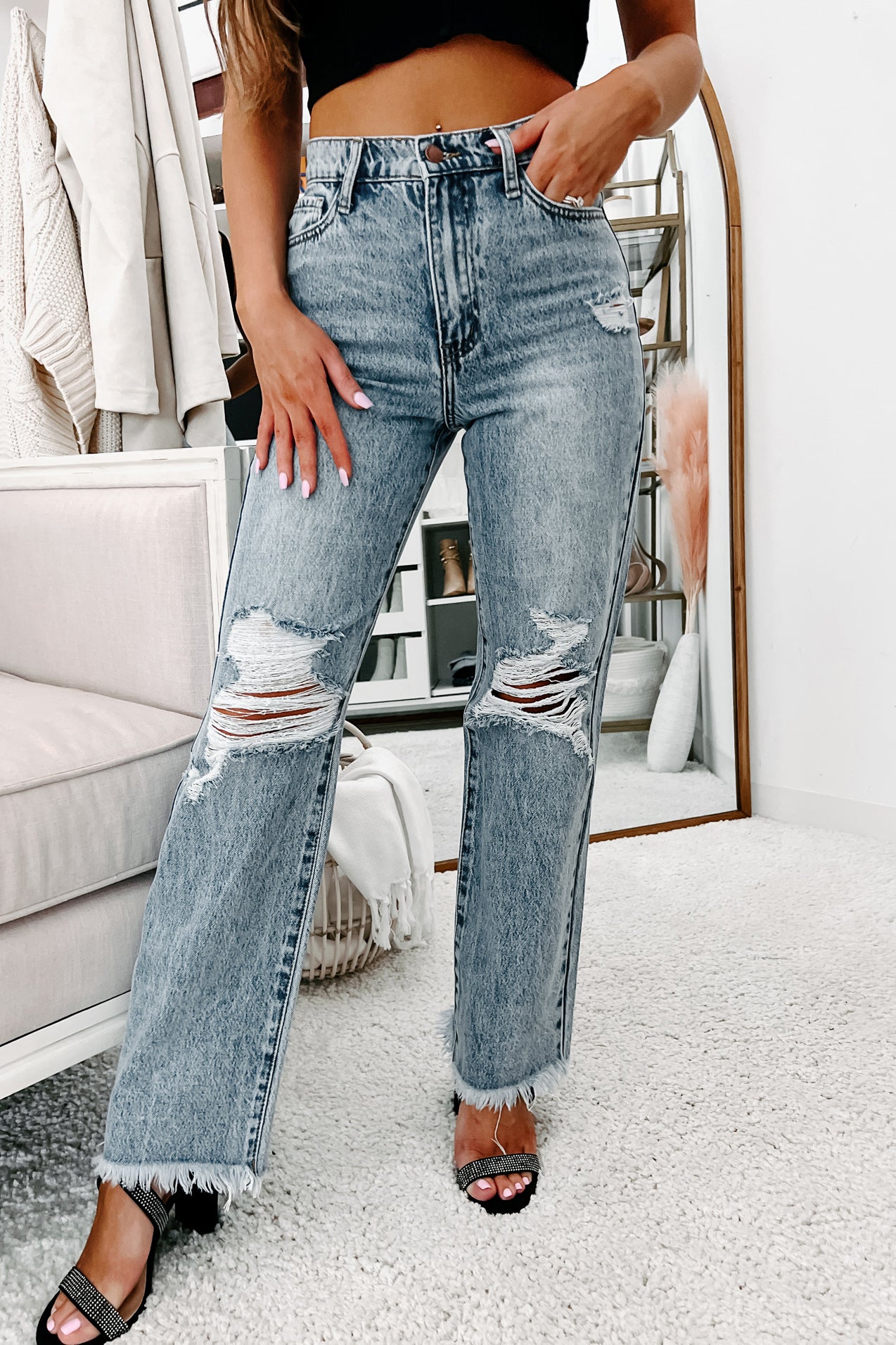 Holiday Steal- Get It Right 90's Wide Leg Distressed Jeans (Light)-The Formal Wear