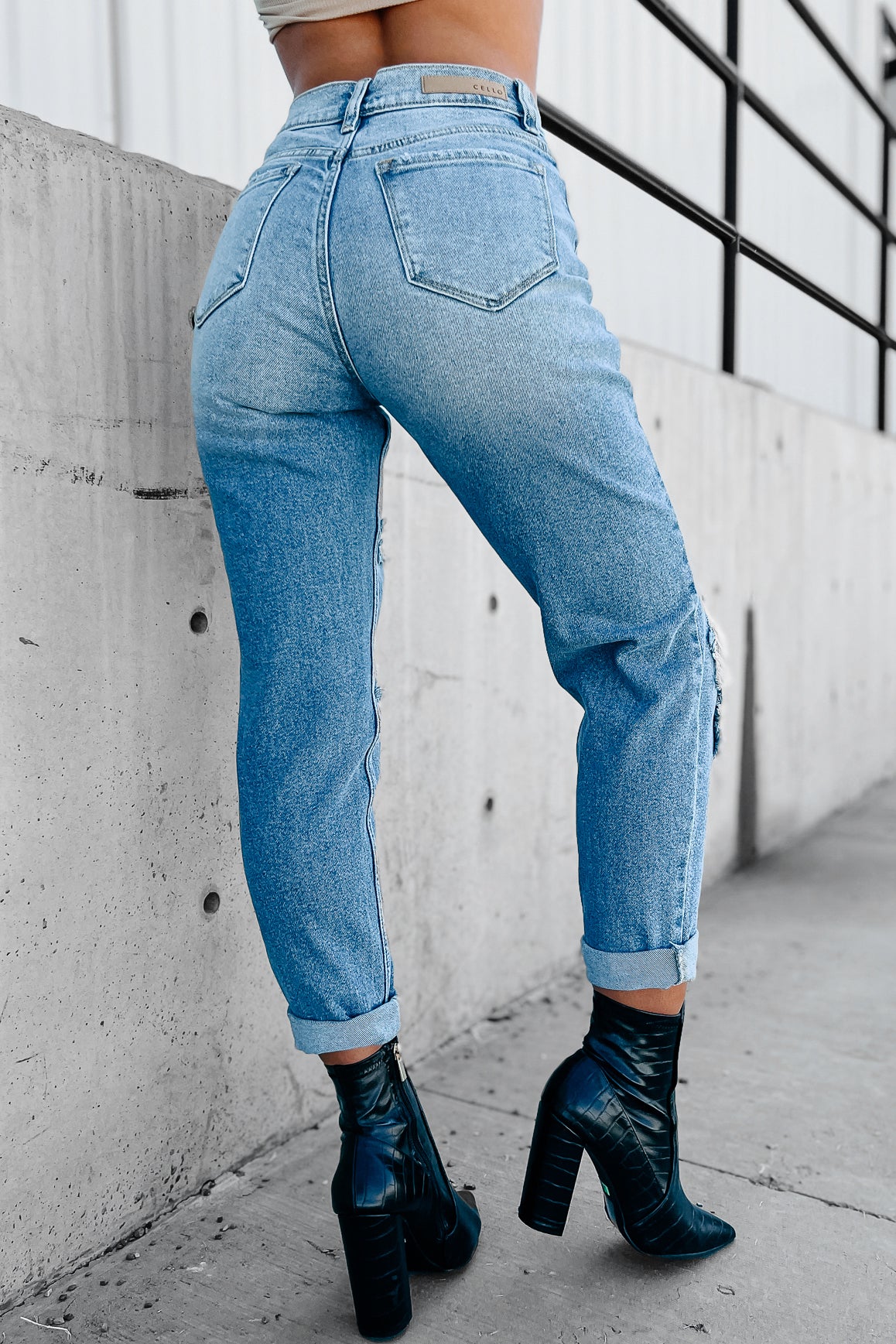 Tough Customer High Rise Knee Cut Cello Mom Jeans (Light Denim)-The Formal Wear