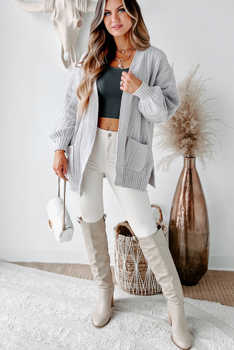 Eldora Chenille Knit Cardigan (Silver)-The Formal Wear