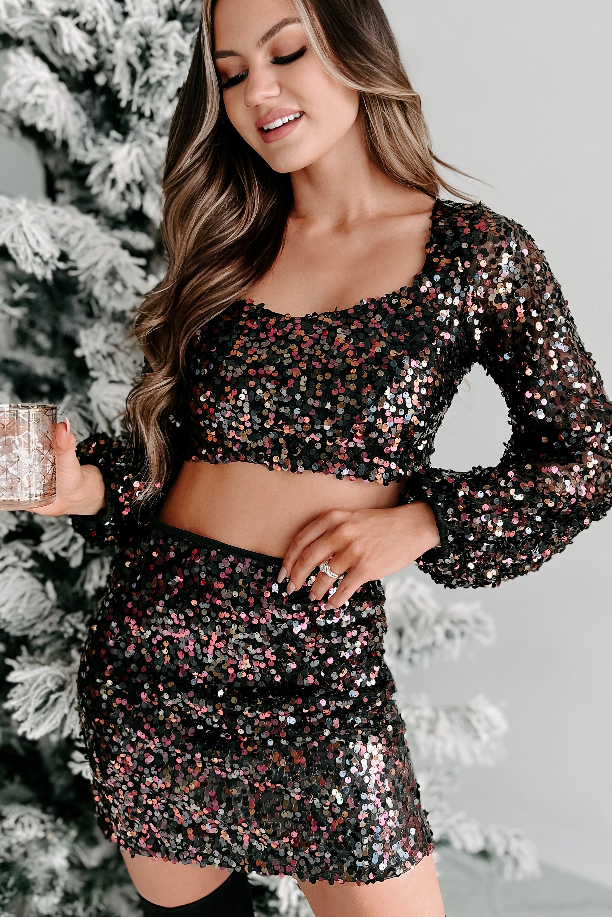 Get Carried Away Sequin Two Piece Skirt Set (Black Multi)-The Formal Wear