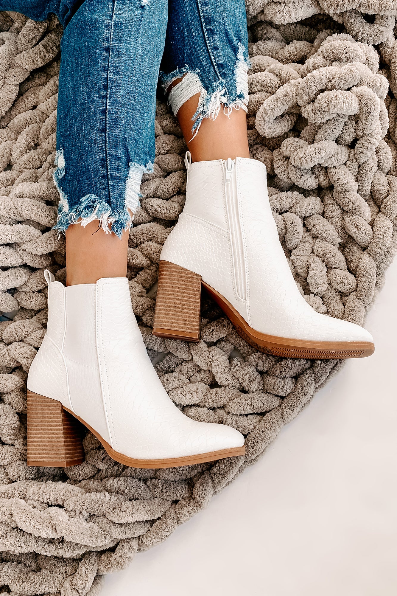 IMPERFECT Queen Of The Game Faux Croc Booties (White)-The Formal Wear