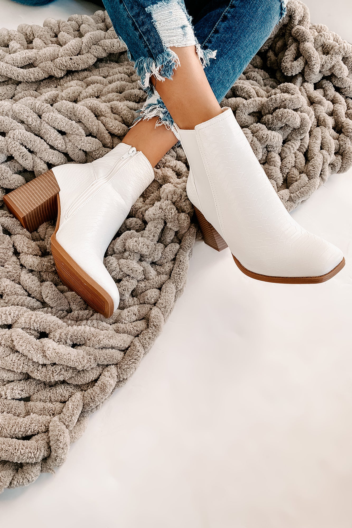 IMPERFECT Queen Of The Game Faux Croc Booties (White)-The Formal Wear