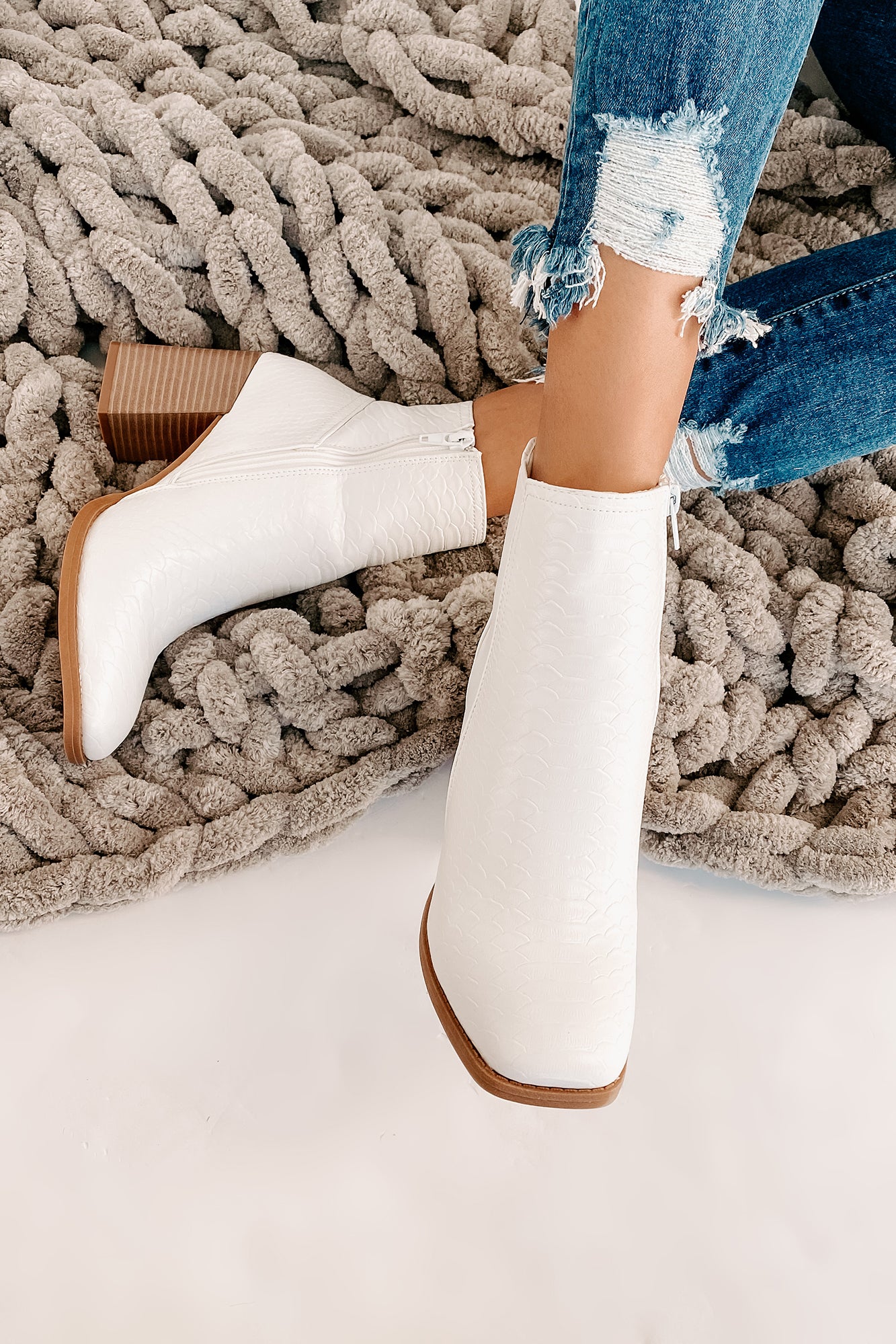 IMPERFECT Queen Of The Game Faux Croc Booties (White)-The Formal Wear